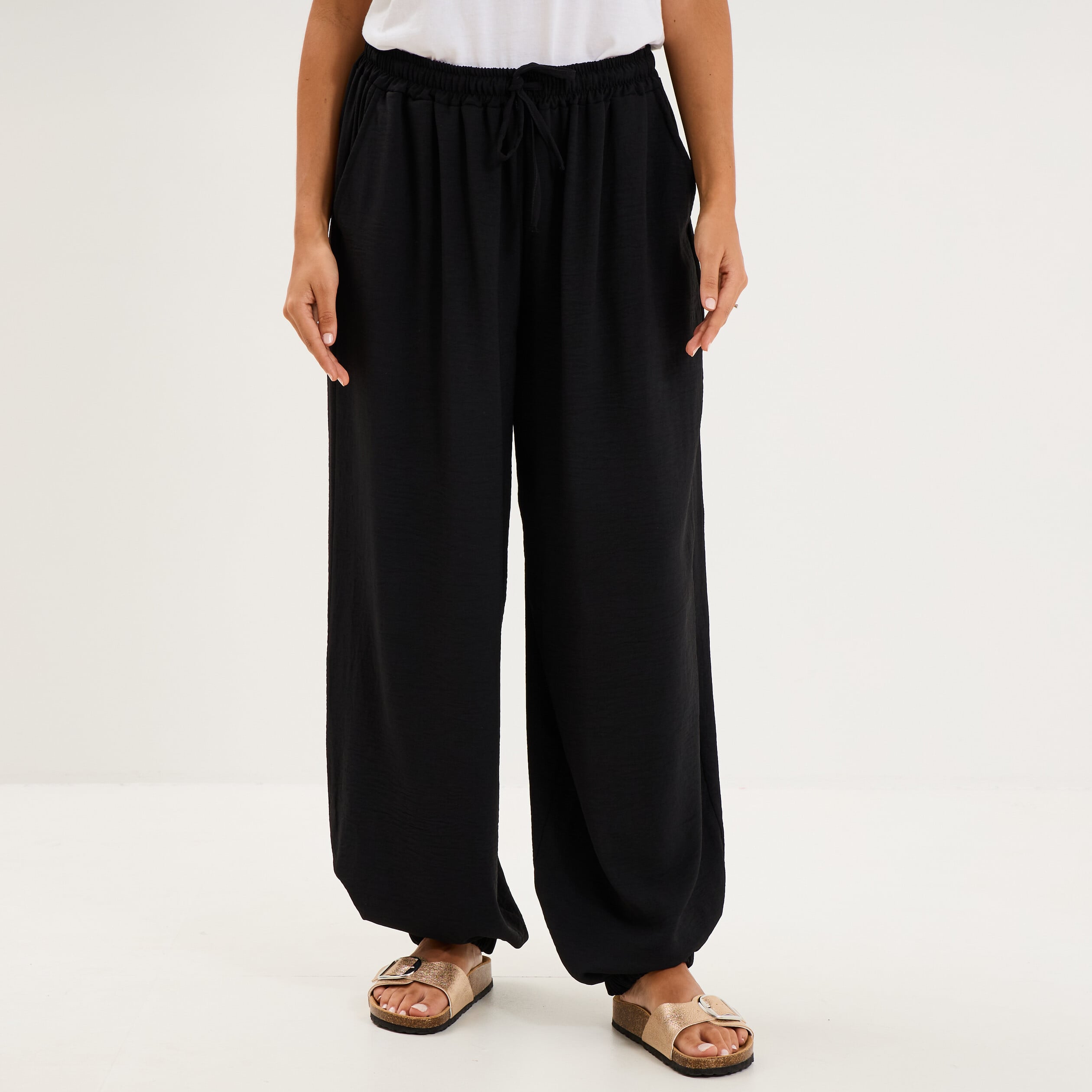Pantalon ample fluide taille &agrave; coulisse noir femme