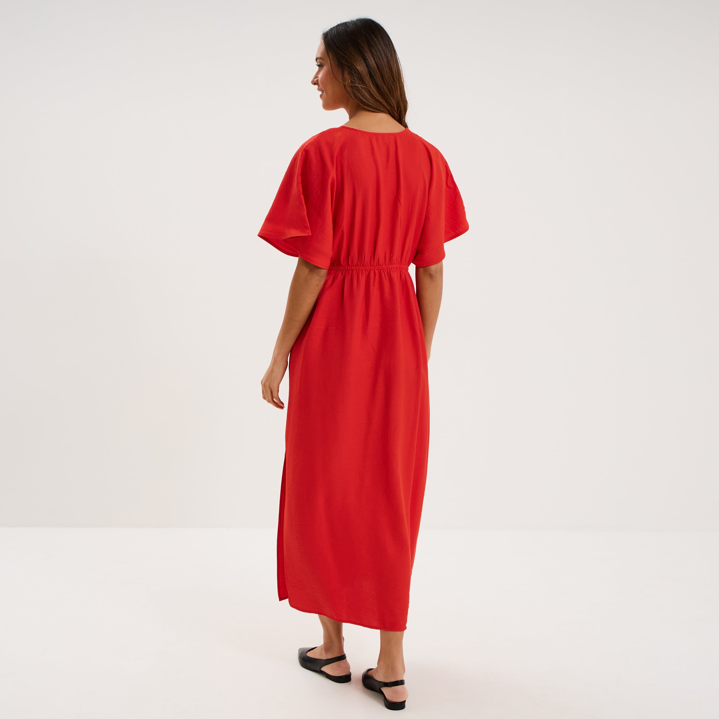 Robe longue &eacute;vas&eacute;e col cache-coeur rouge femme