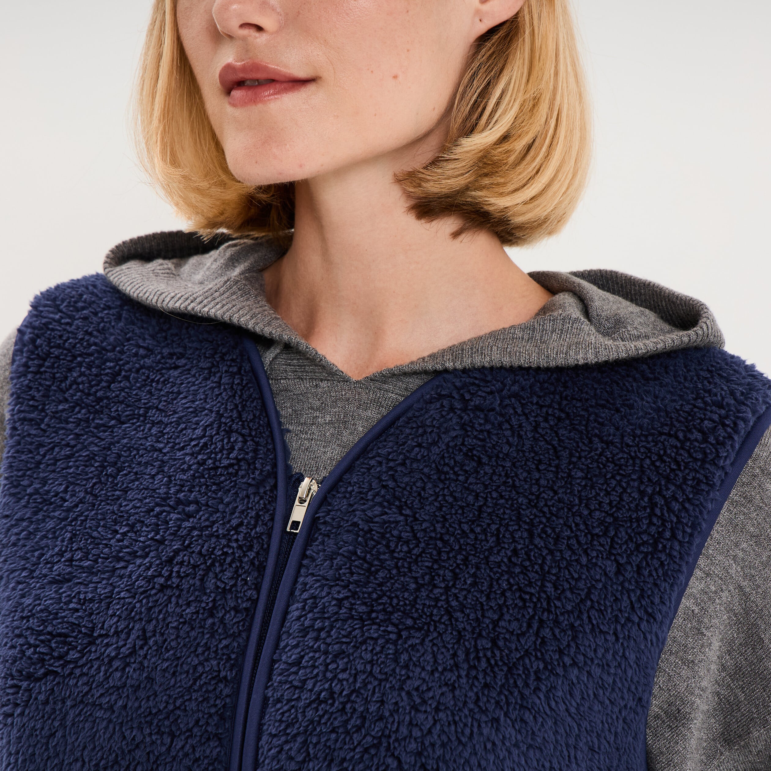 Gilet sans manches effet sherpa zipp&eacute; bleu marine femme