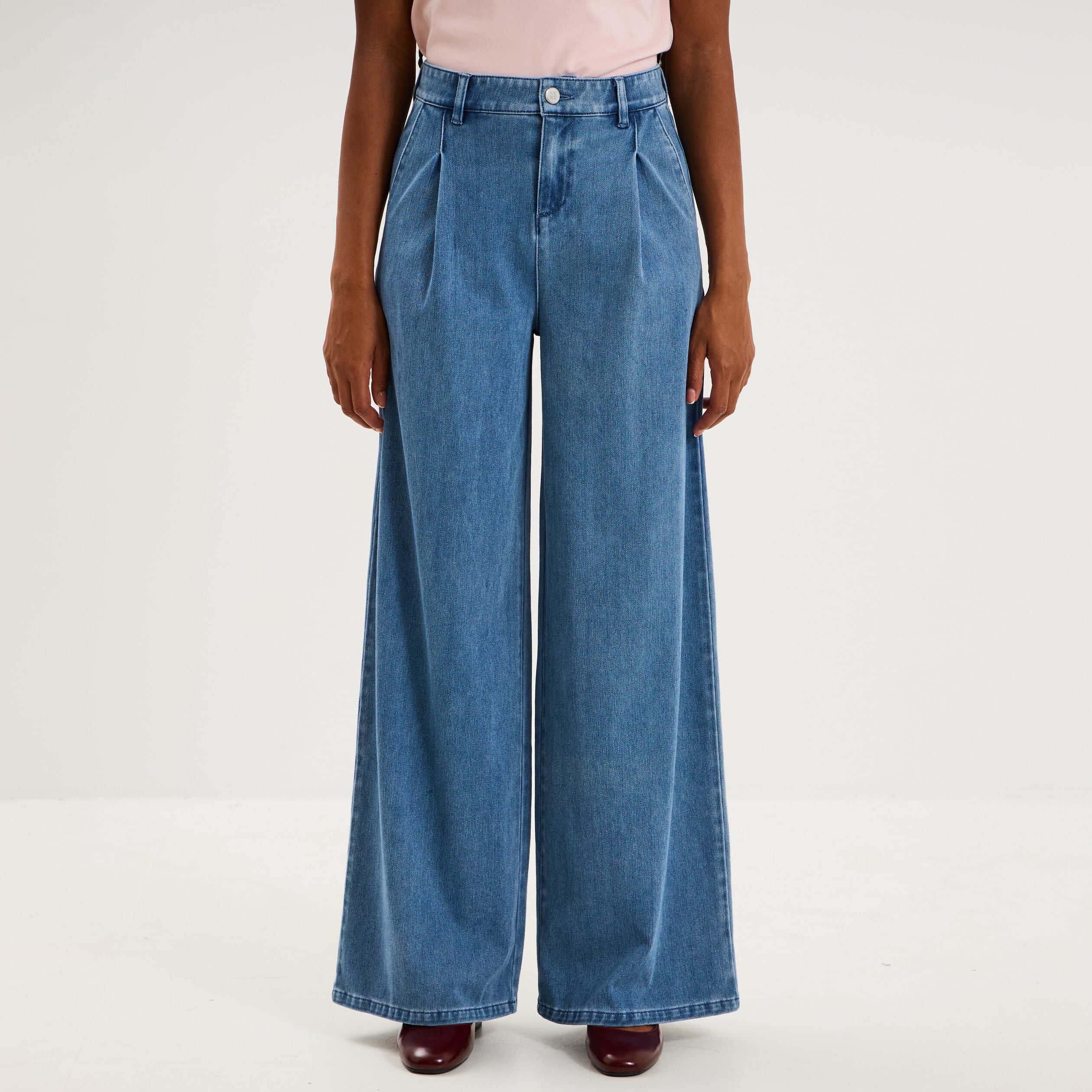 Jean large taille mi-haute &agrave; pinces denim double stone femme