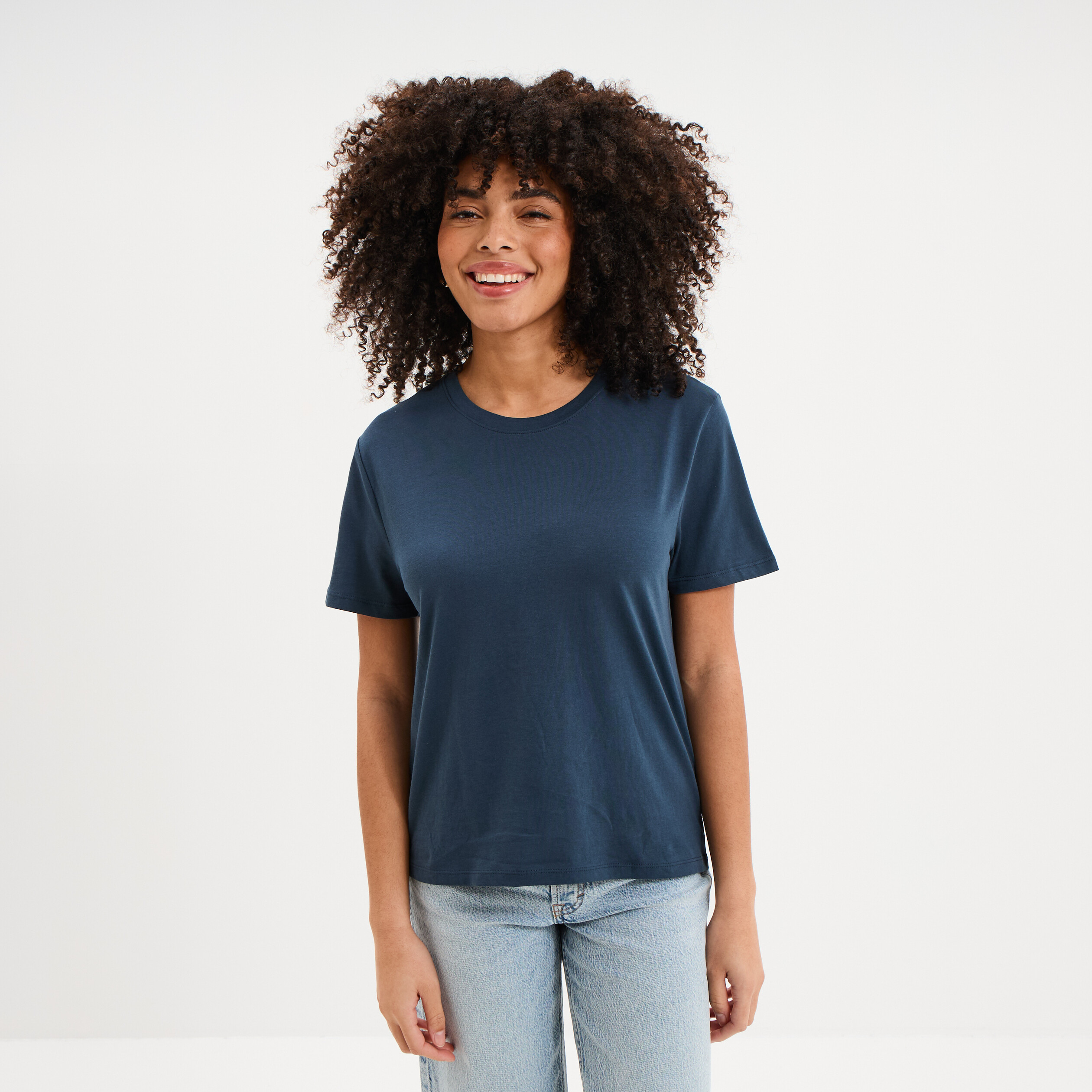T-shirt col rond manches courtes coton bleu marine femme