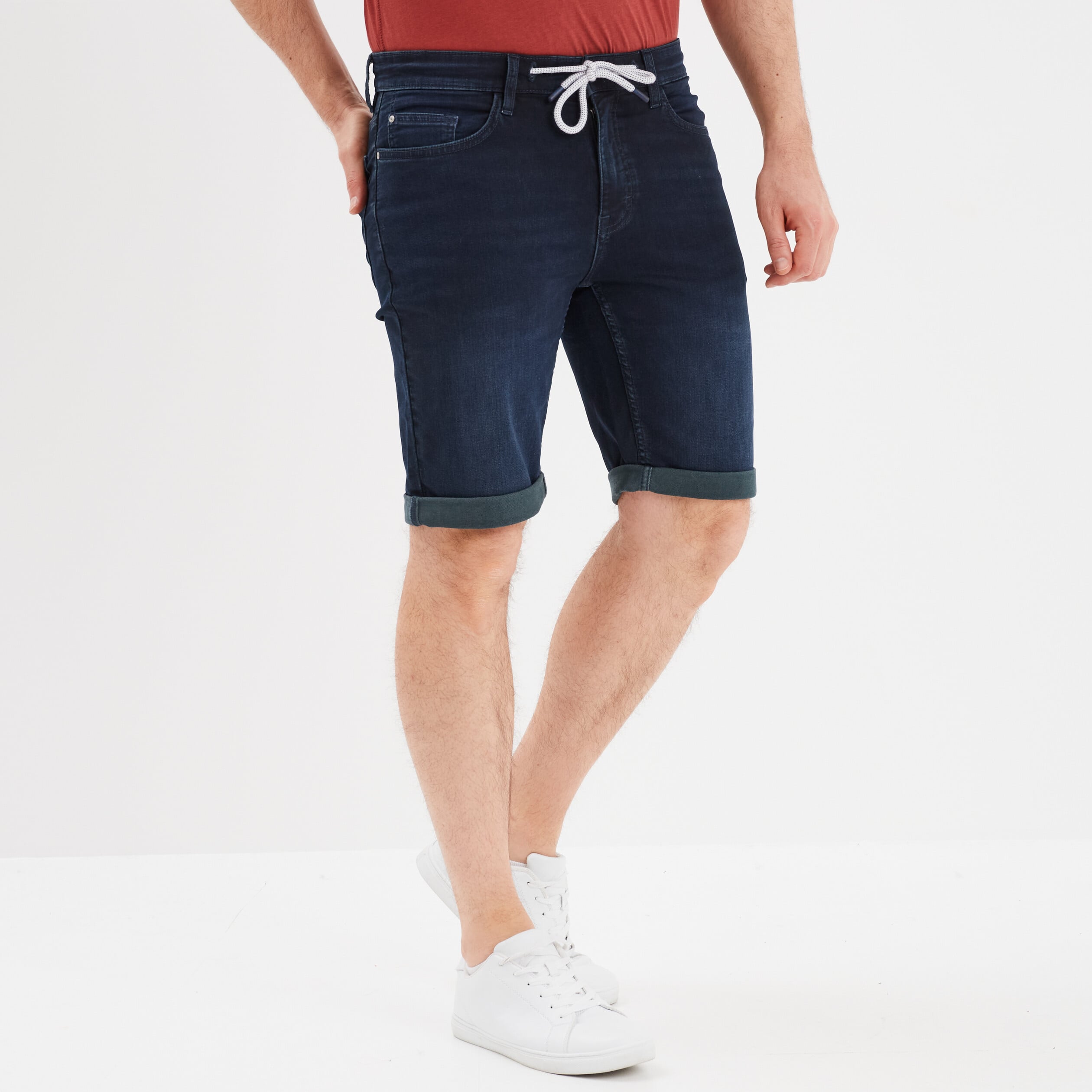 Bermuda droit &agrave; coulisse en jean denim blue black homme