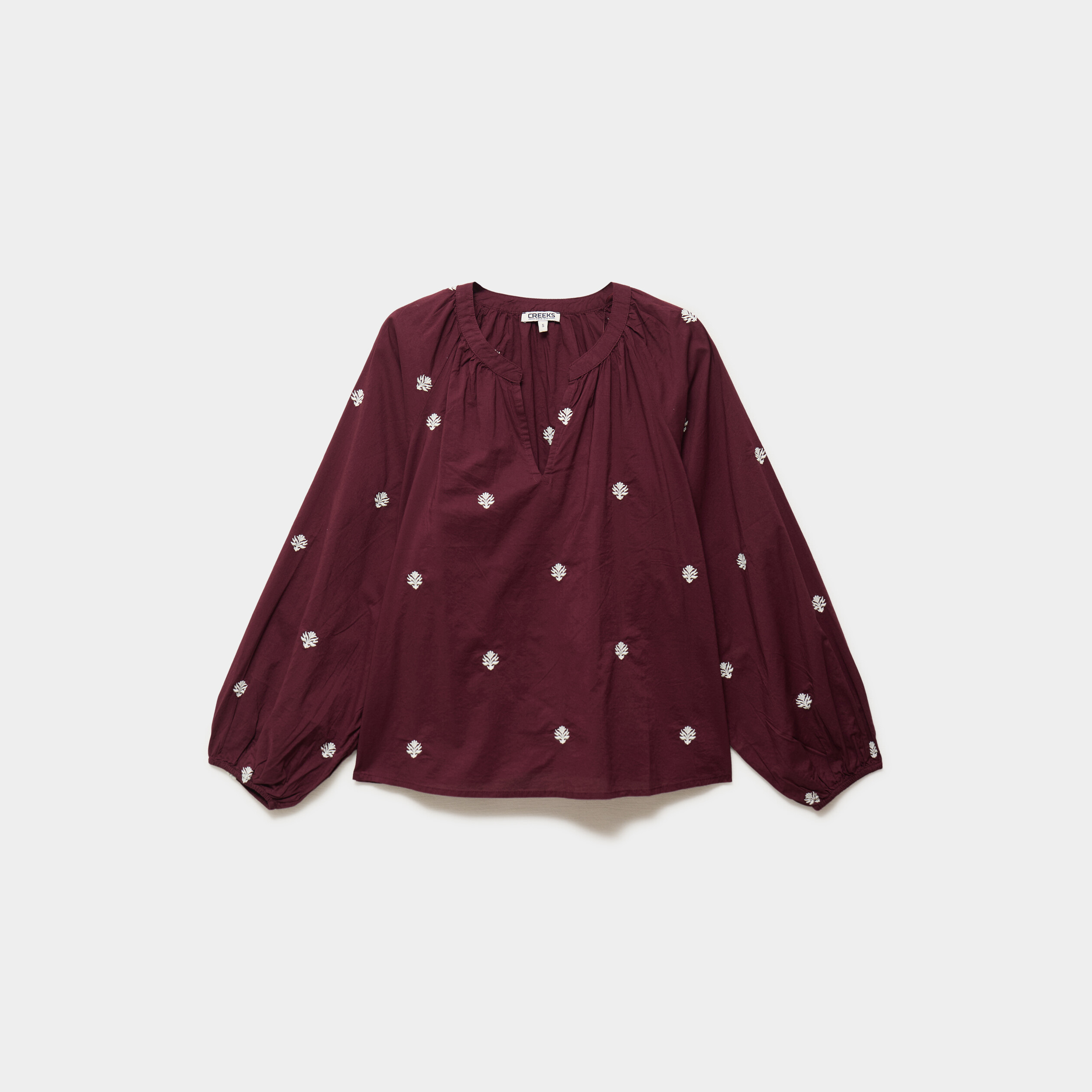 Blouse brod&eacute;e col tunisien coton violet fonc&eacute; femme