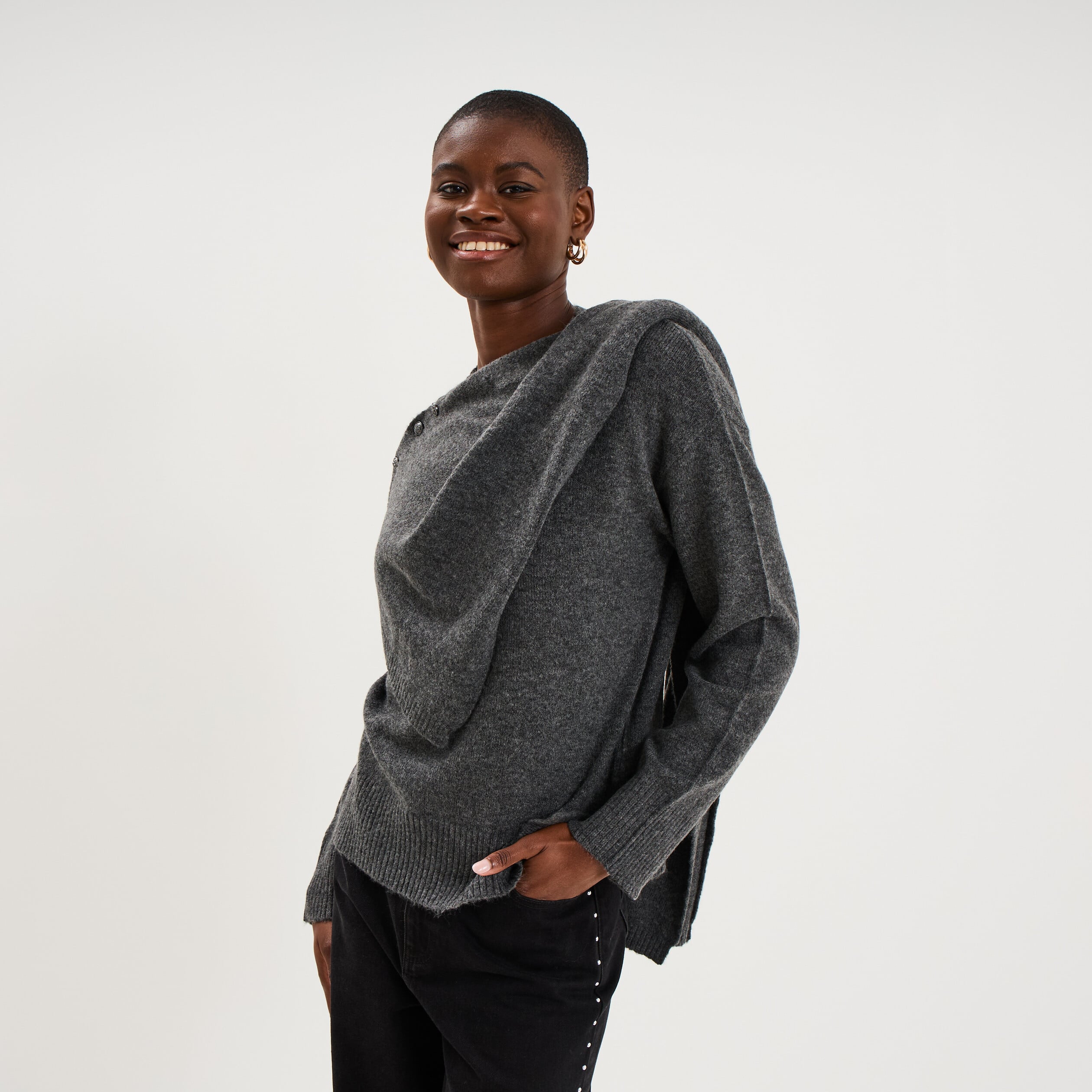 Pull col rond &eacute;charpe amovible gris fonc&eacute; femme