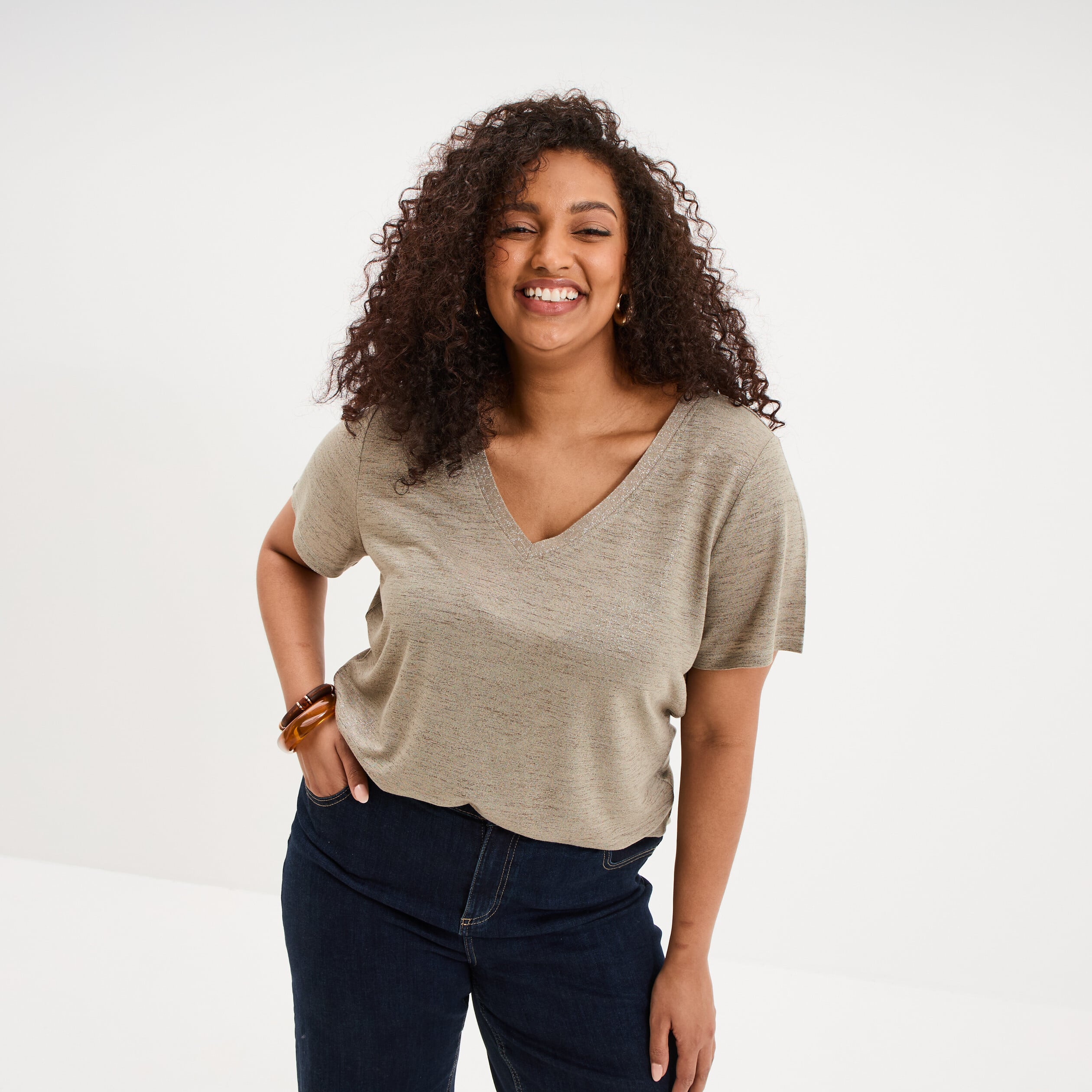 T-shirt col en V manches courtes vert kaki femme grande taille