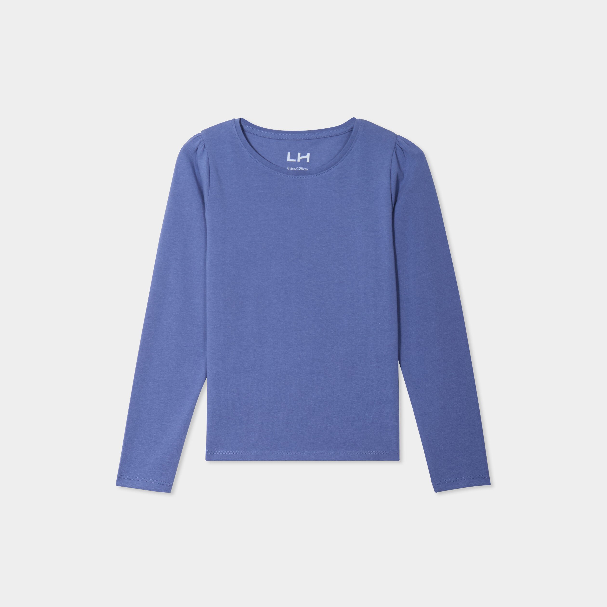 t shirt coton manches longues a fronces bleu gris fille T-shirt coton manches longues à fronces bleu gris fille