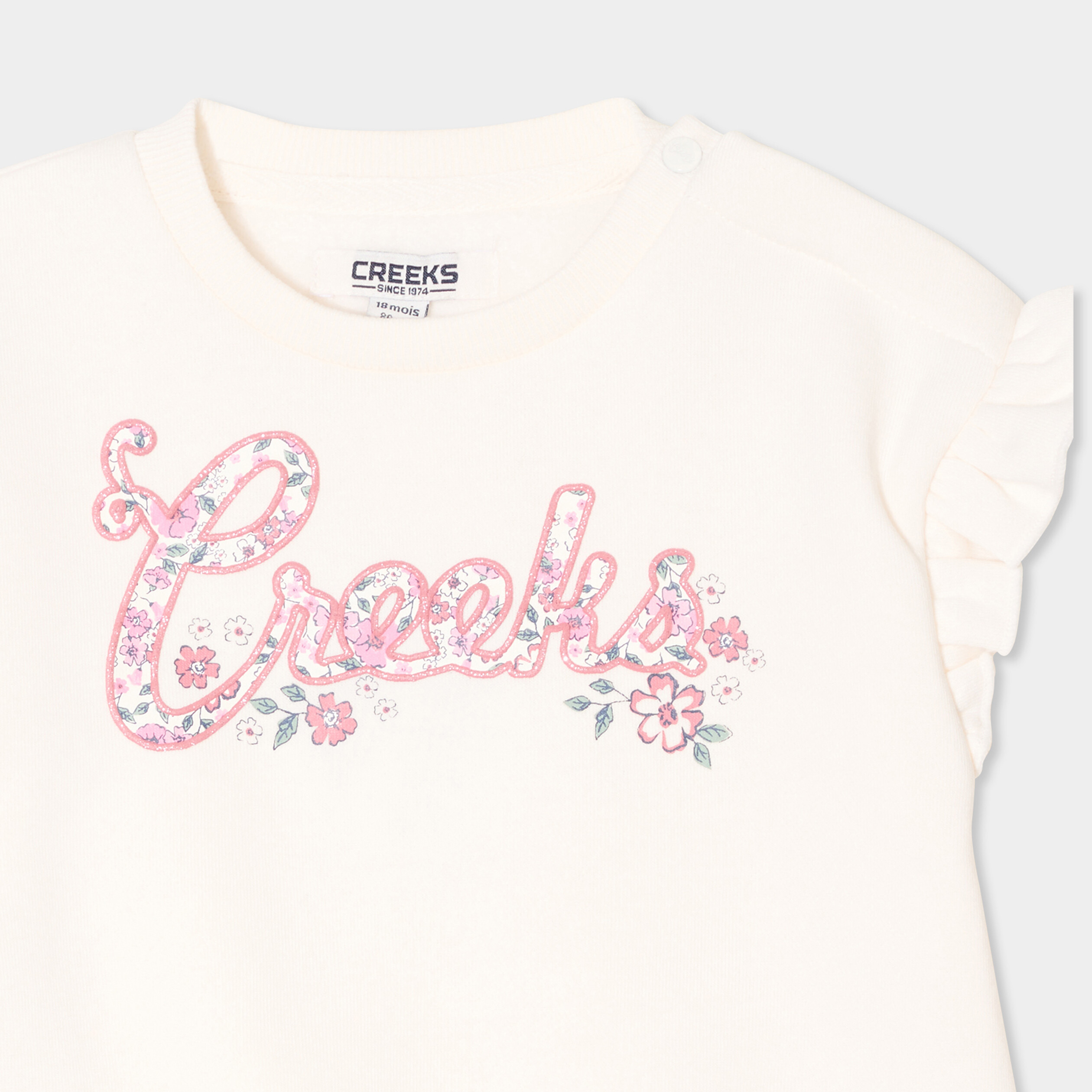 Sweat volants et d&eacute;tails brod&eacute;s Creeks creme b&eacute;b&eacute; fille