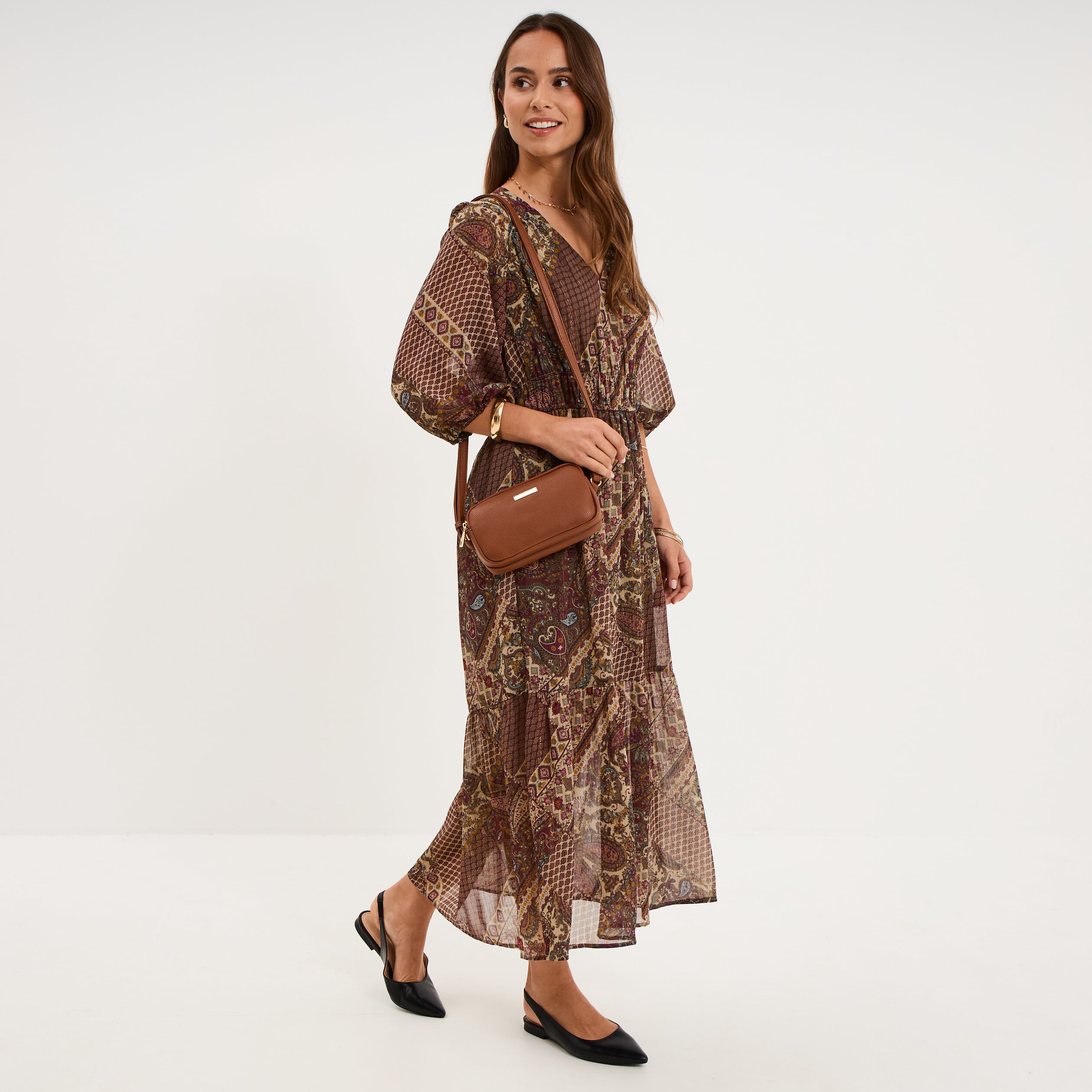 Robe longue fluide manches 3/4 col en V vert kaki femme