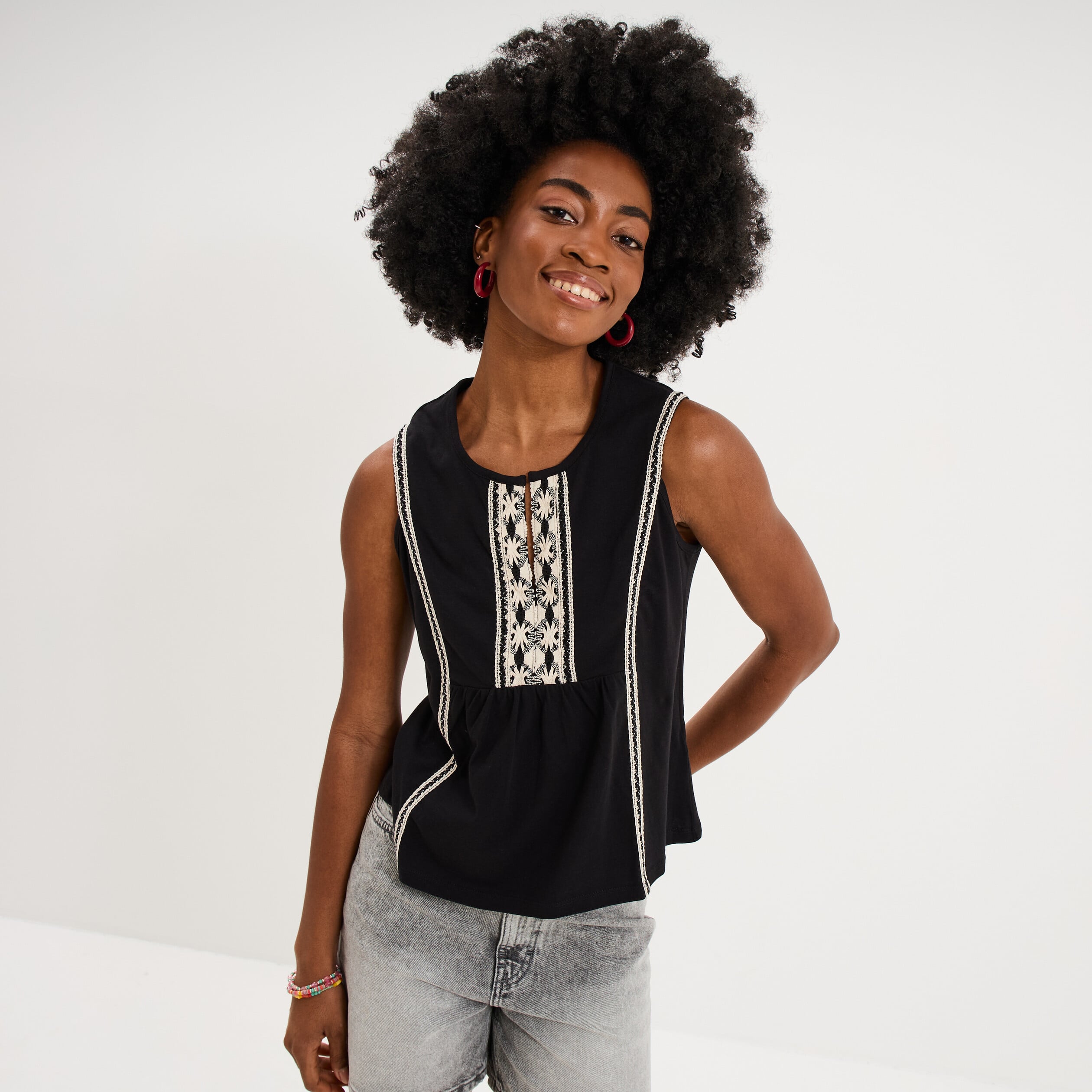 Blouse sans manches col tunisien coton noir femme