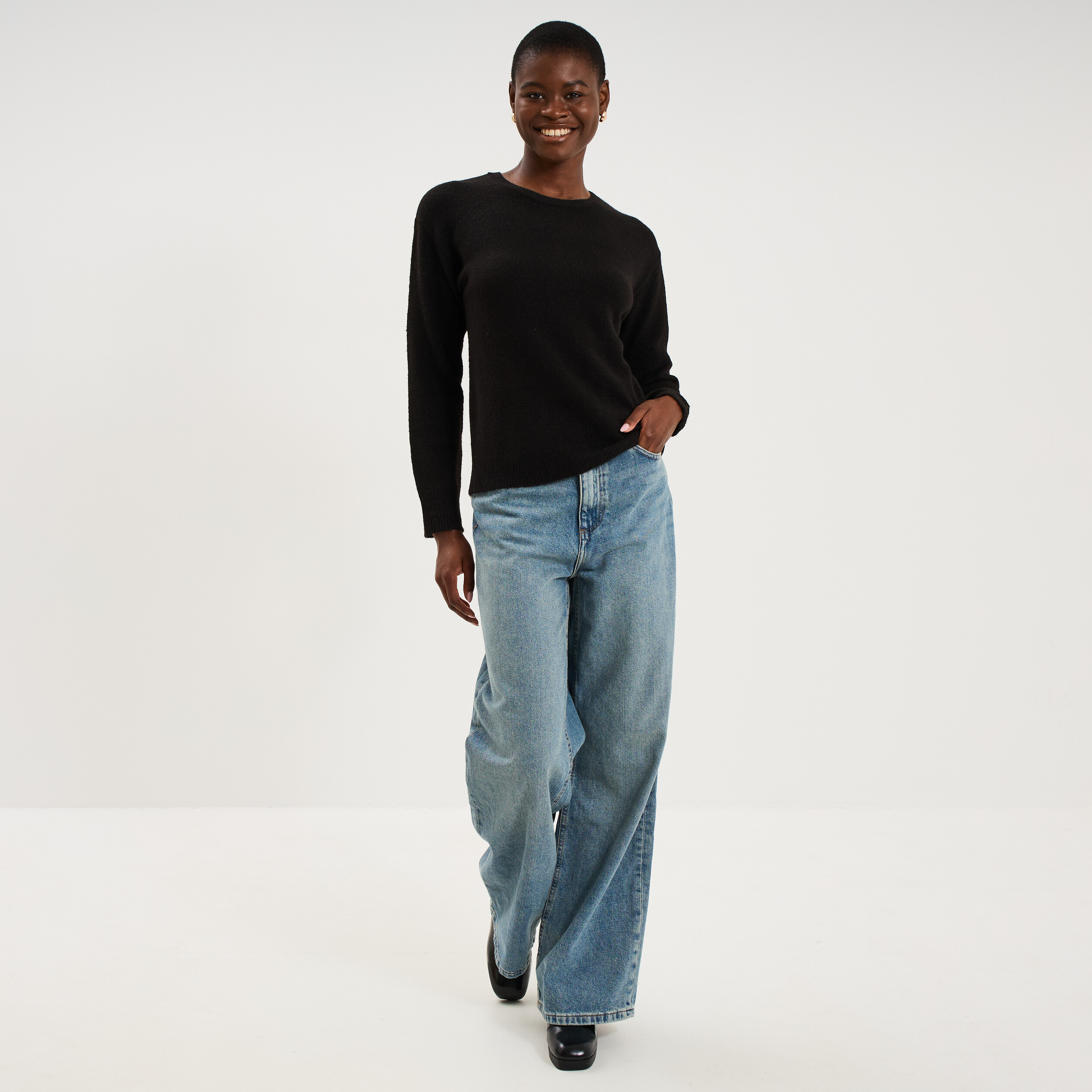 Pull col rond manches longues noir femme