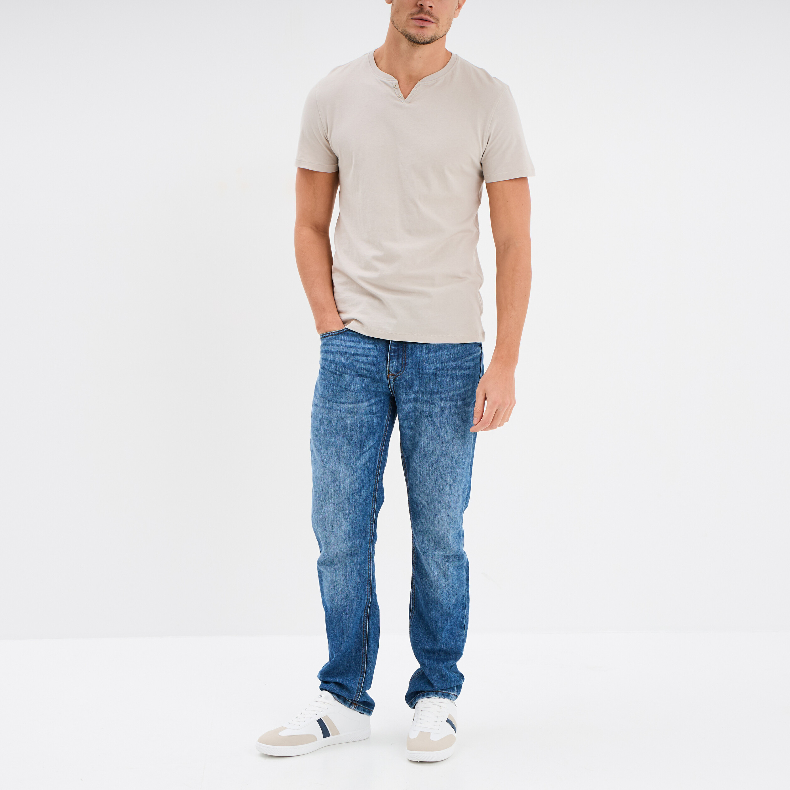 T-shirt manches courtes col tunisien gris clair homme