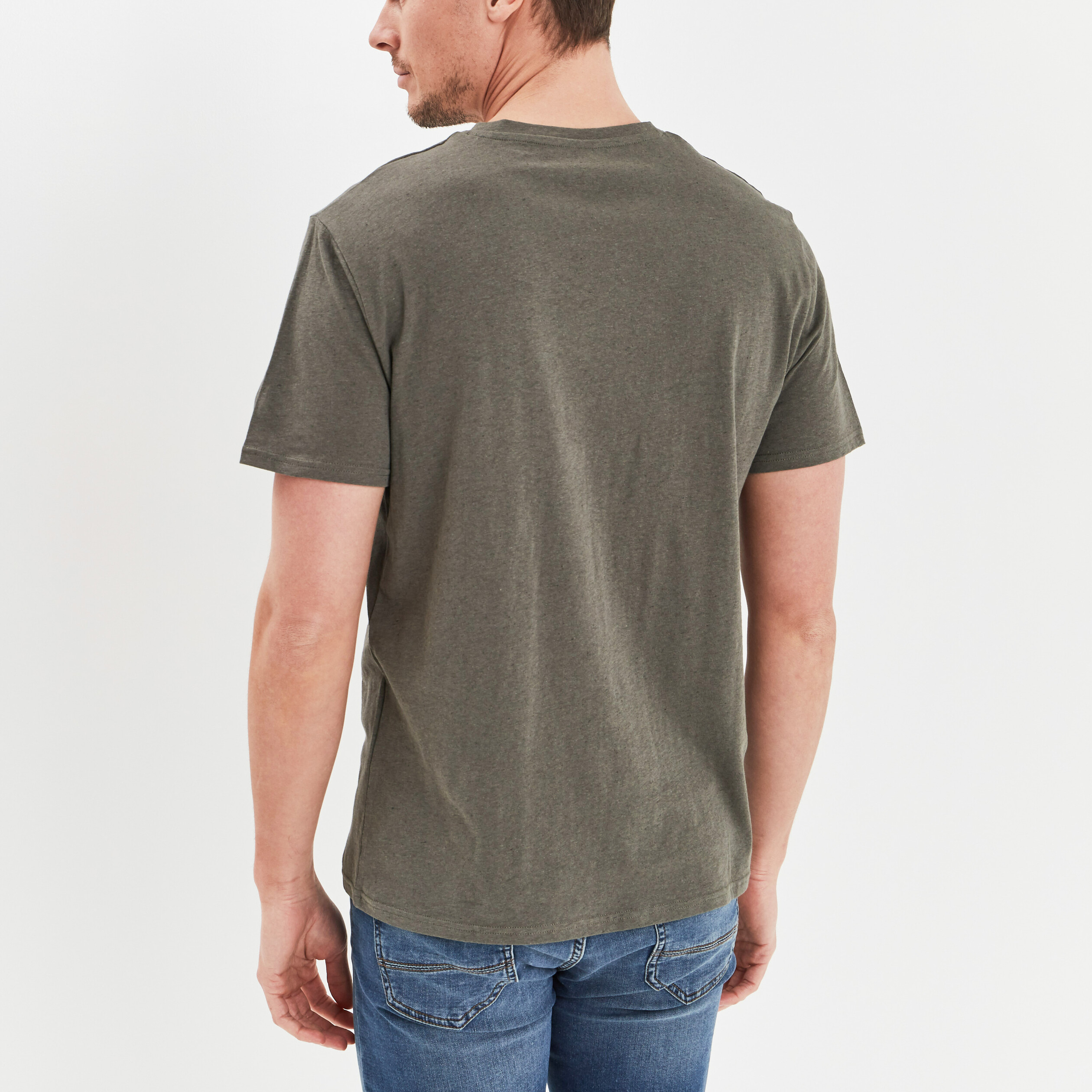 t shirt manches courtes en melange lin vert kaki homme T-shirt manches courtes en mélange lin vert kaki homme