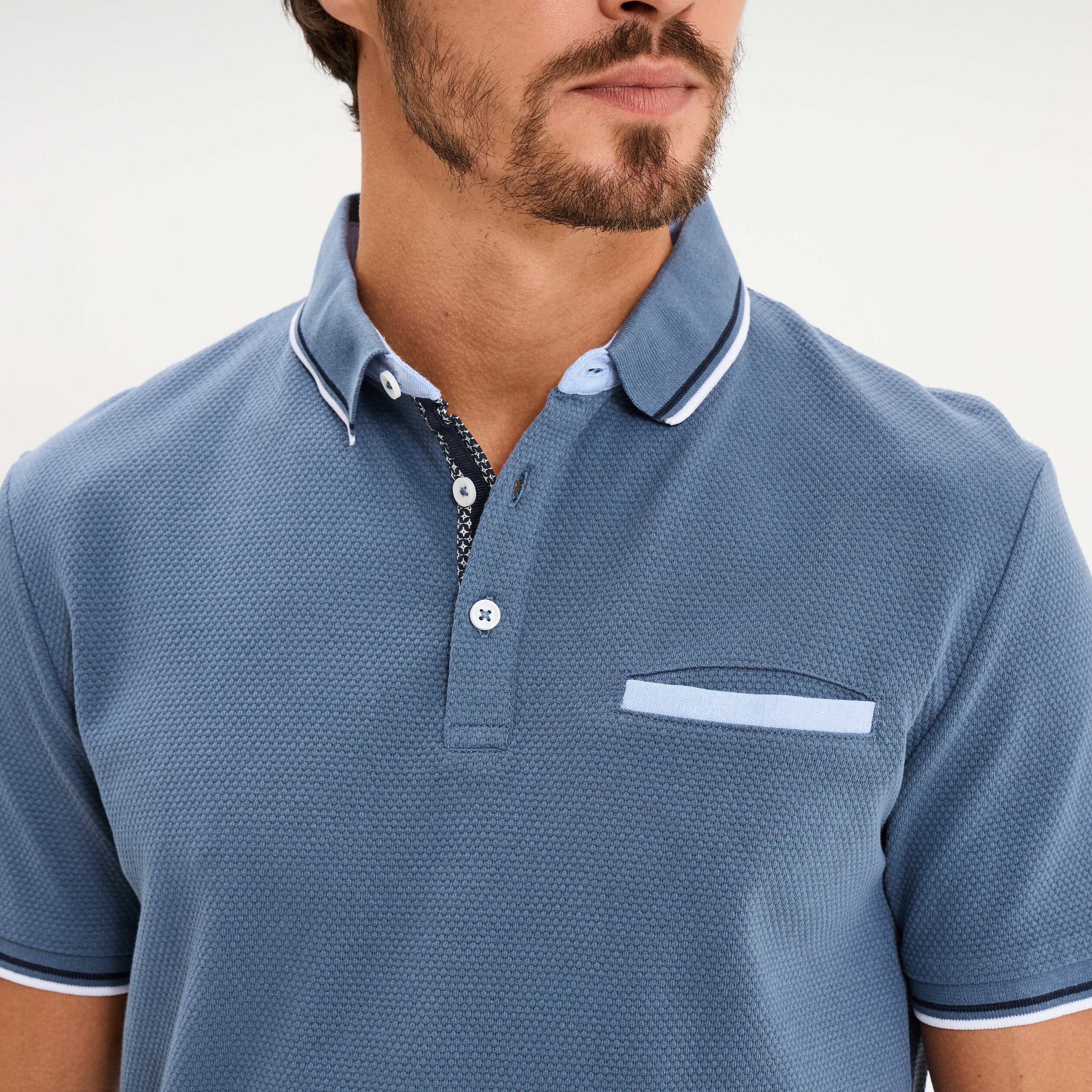 Polo piqu&eacute; manches courtes coton bleu gris homme