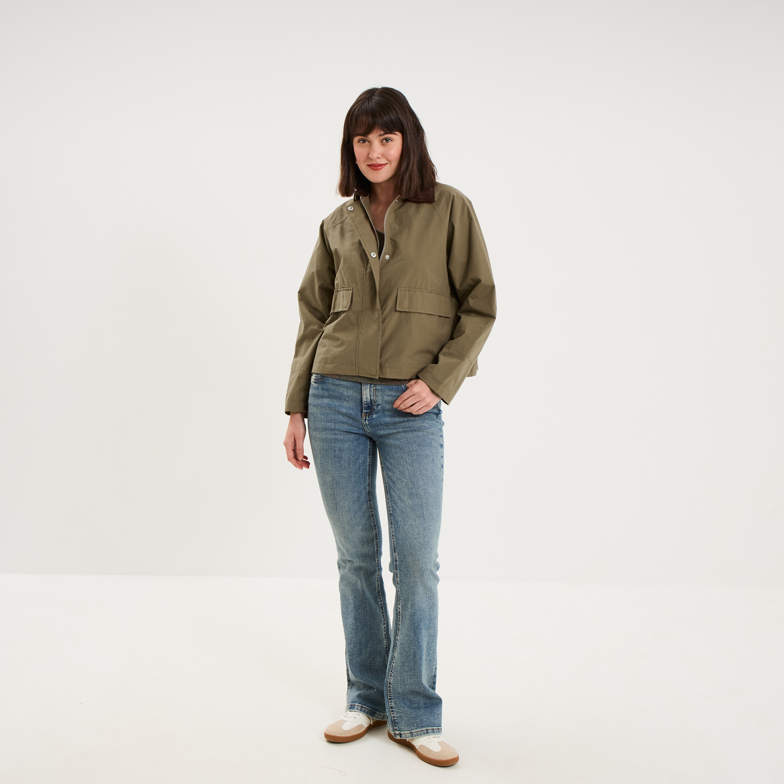 Veste courte oversize col velours c&ocirc;tel&eacute; taupe femme