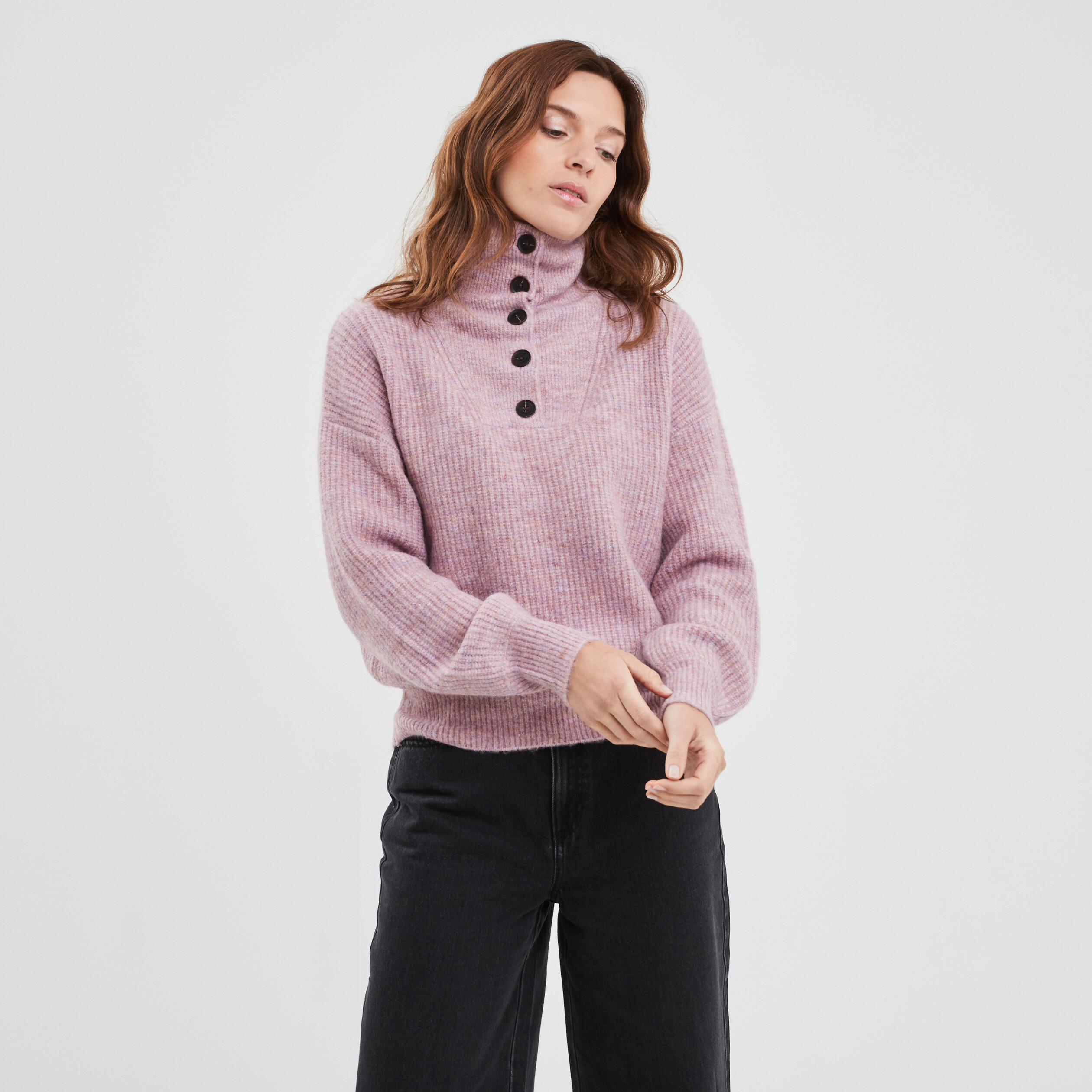 Pull col camionneur boutonné rose clair femme