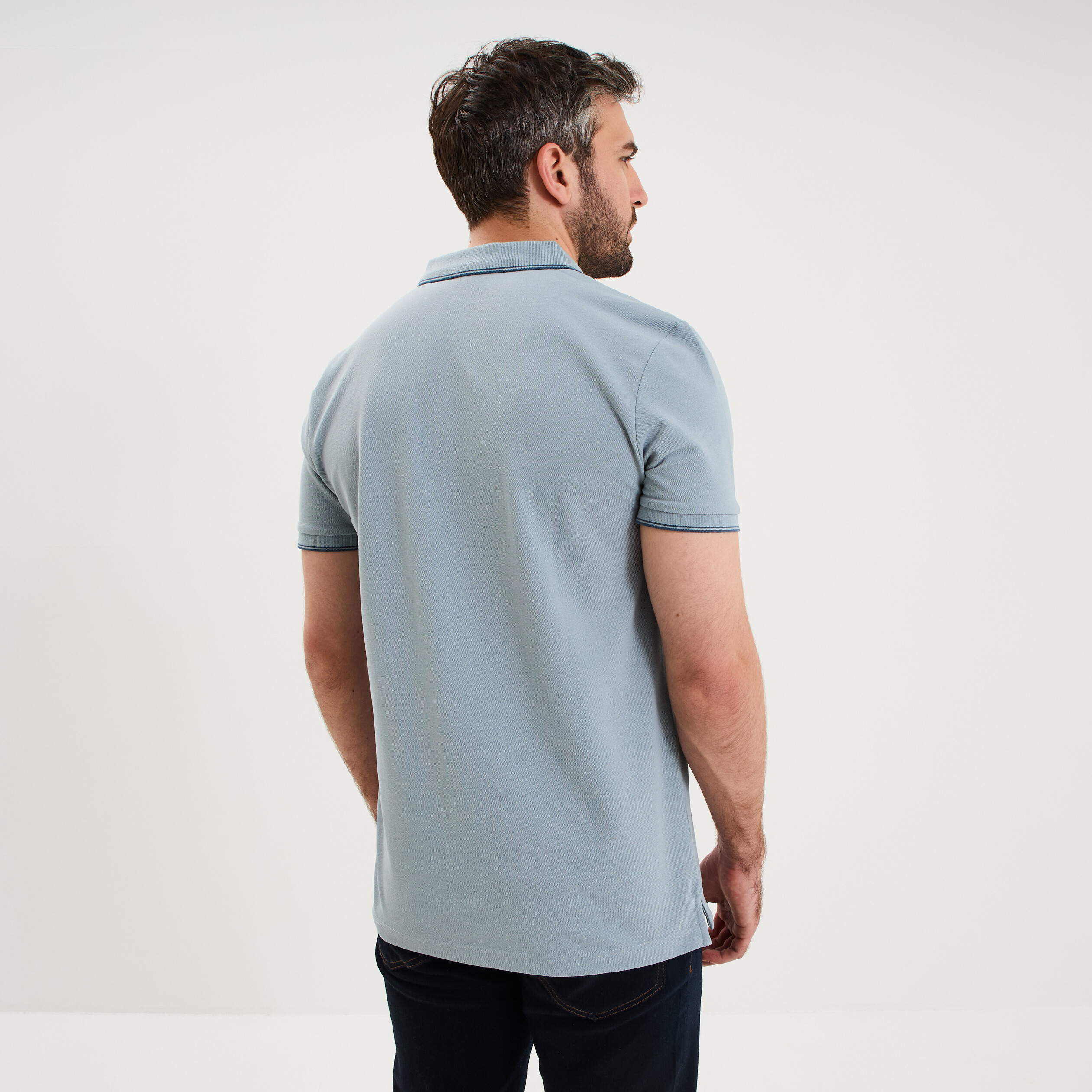 Polo piqu&eacute; coton manches courtes bleu gris homme