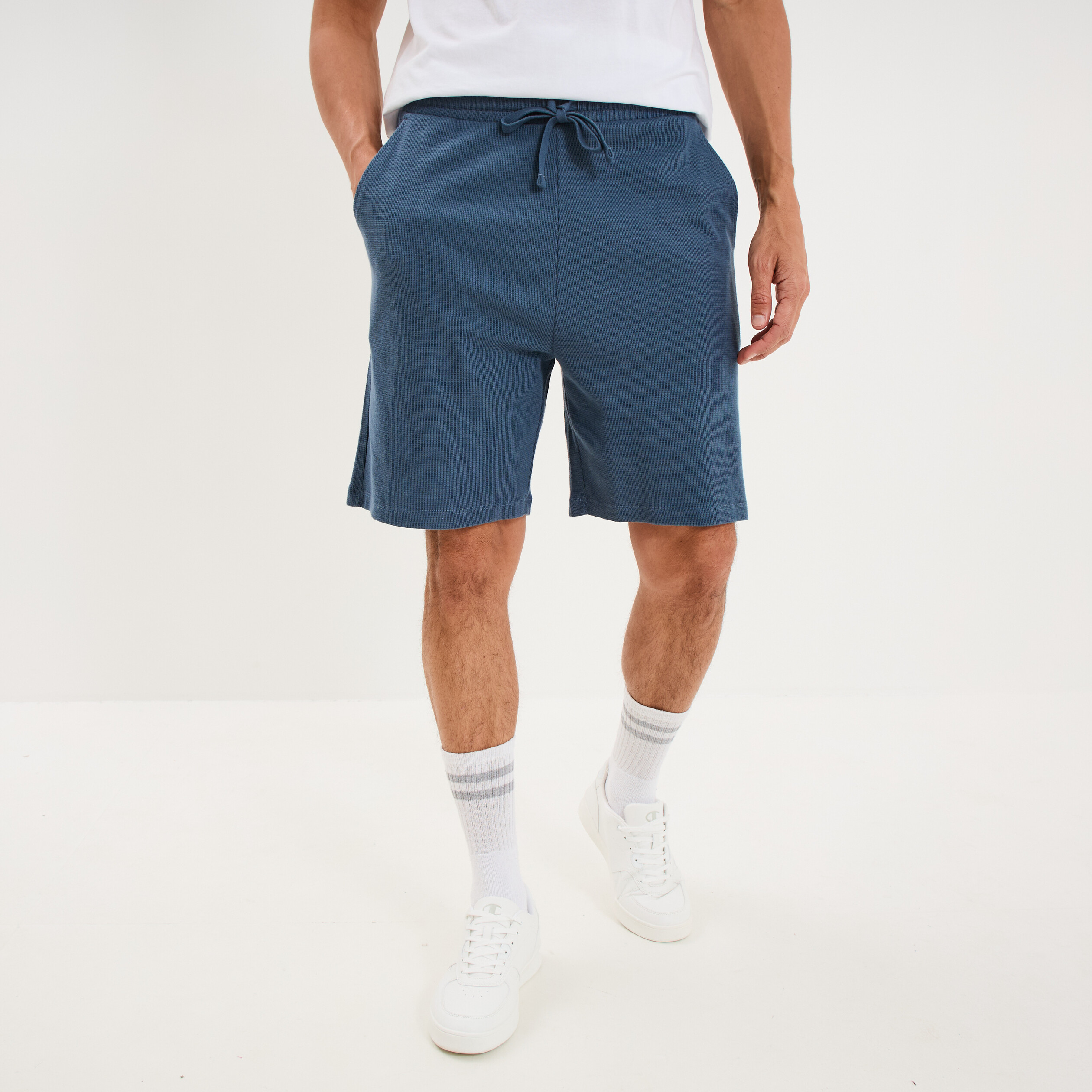 Bermuda chino textur&eacute; coupe droite coton bleu gris homme