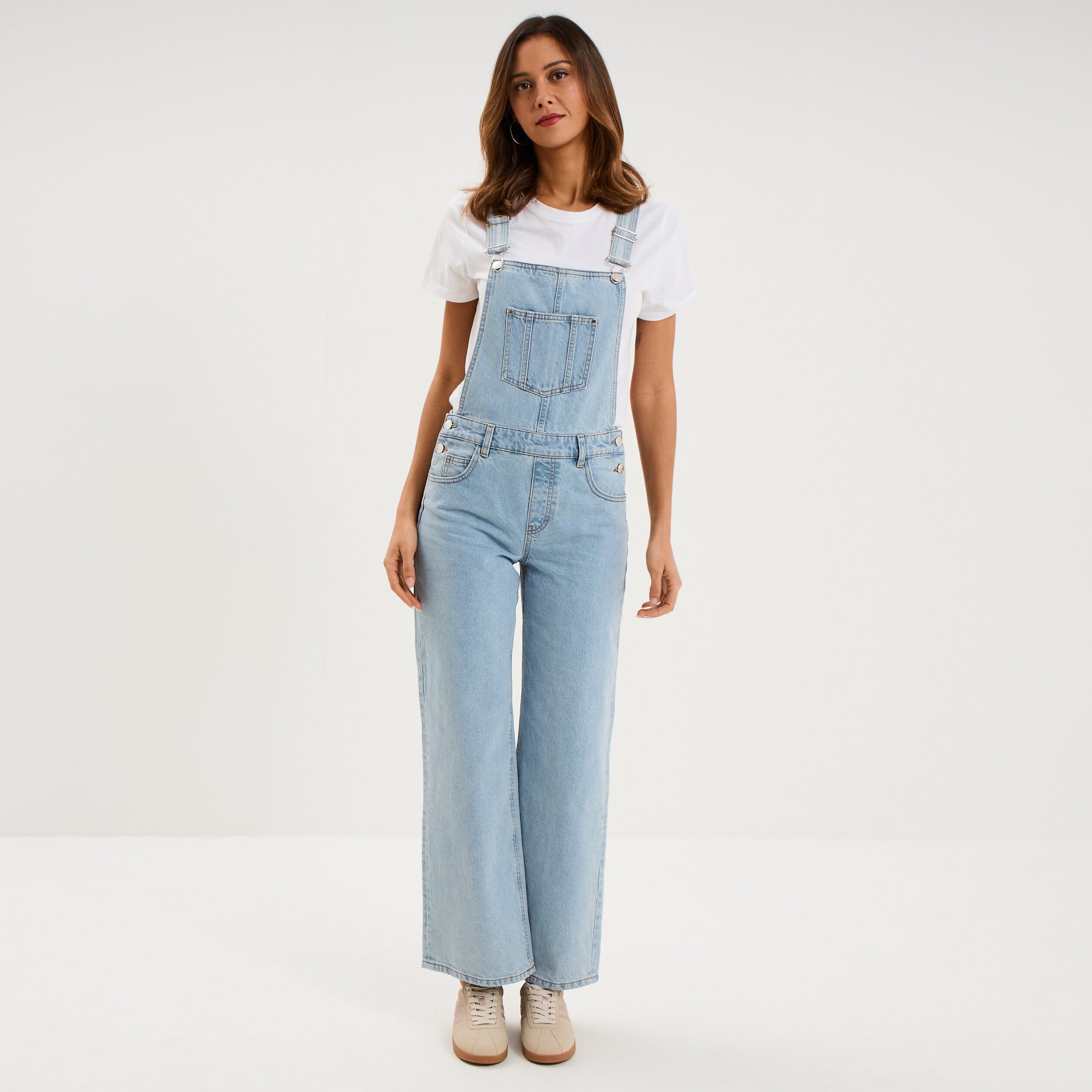 Salopette en jean jambe large coton denim triple stone femme