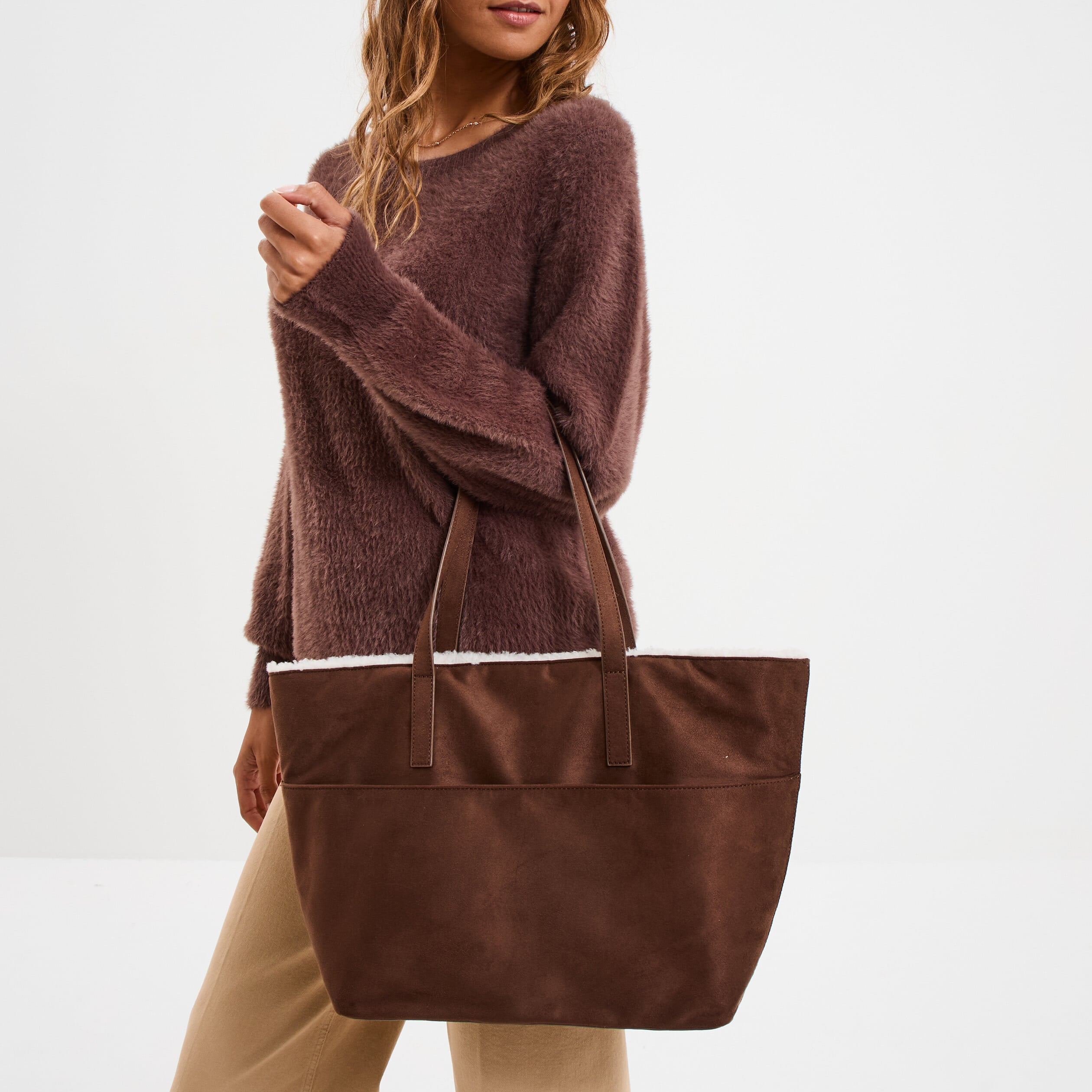 Sac cabas effet su&eacute;dine et fourr&eacute; multicolore femme