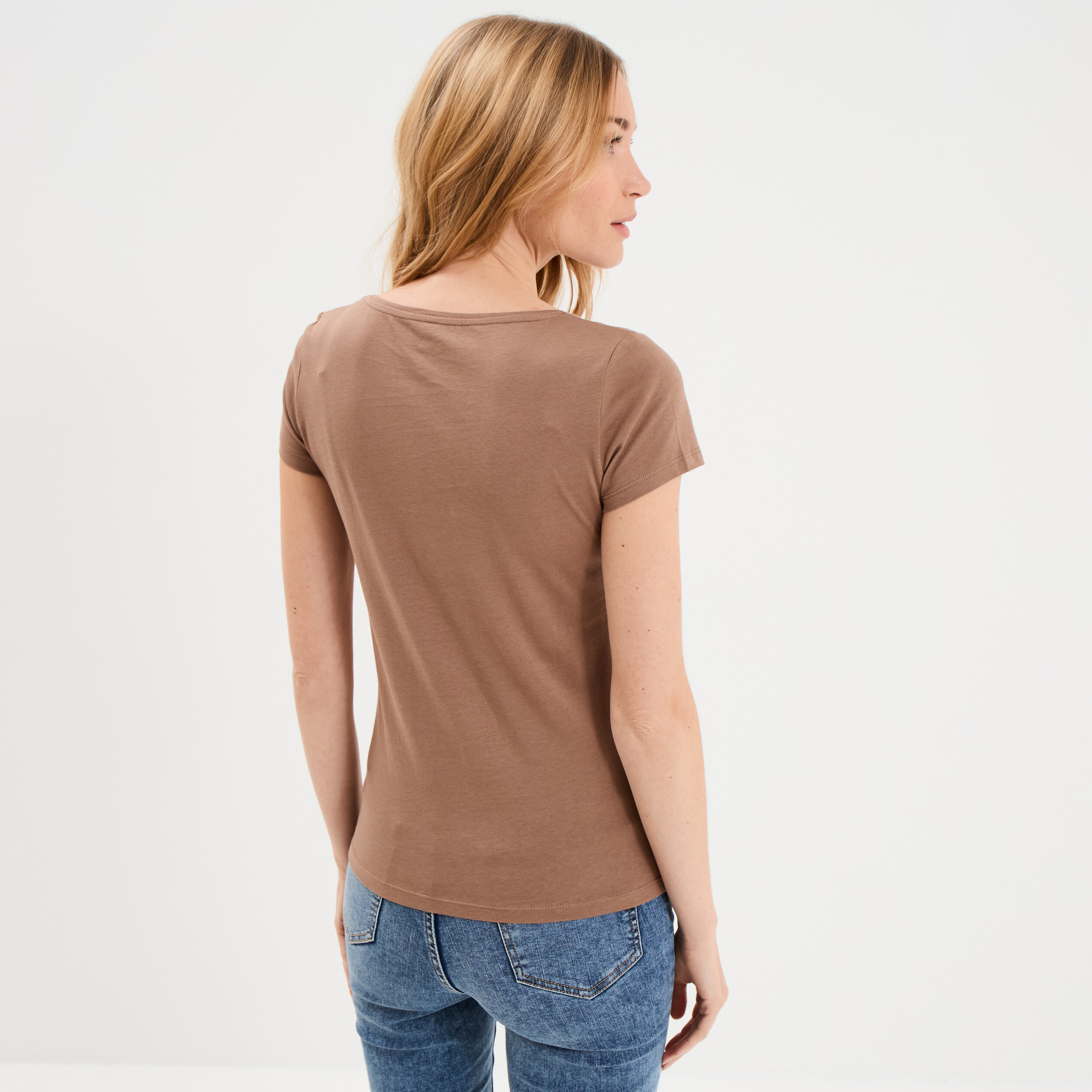 T-shirt coton col rond manches courtes marron clair femme