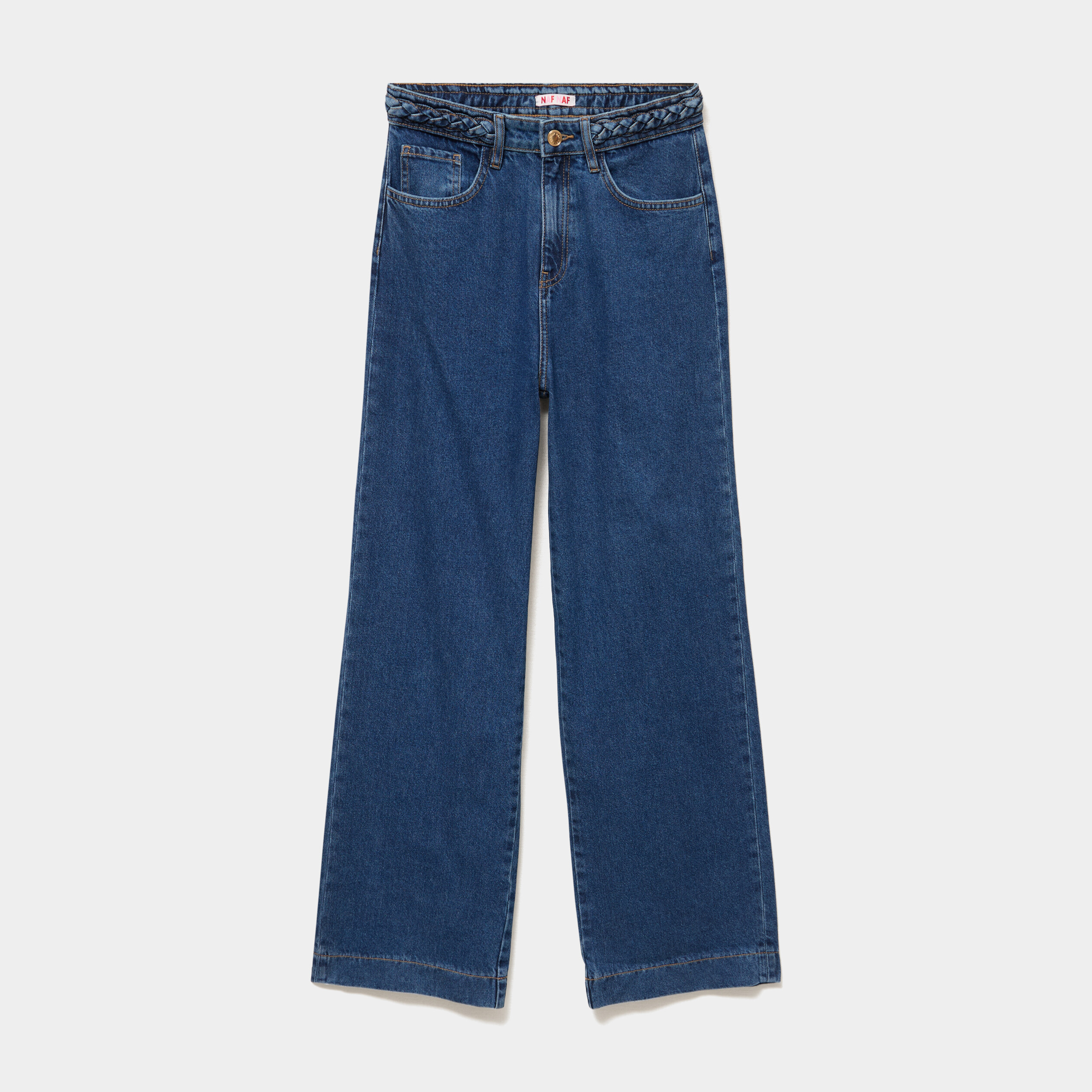Jean large taille haute ceinture tress&eacute;e denim stone femme