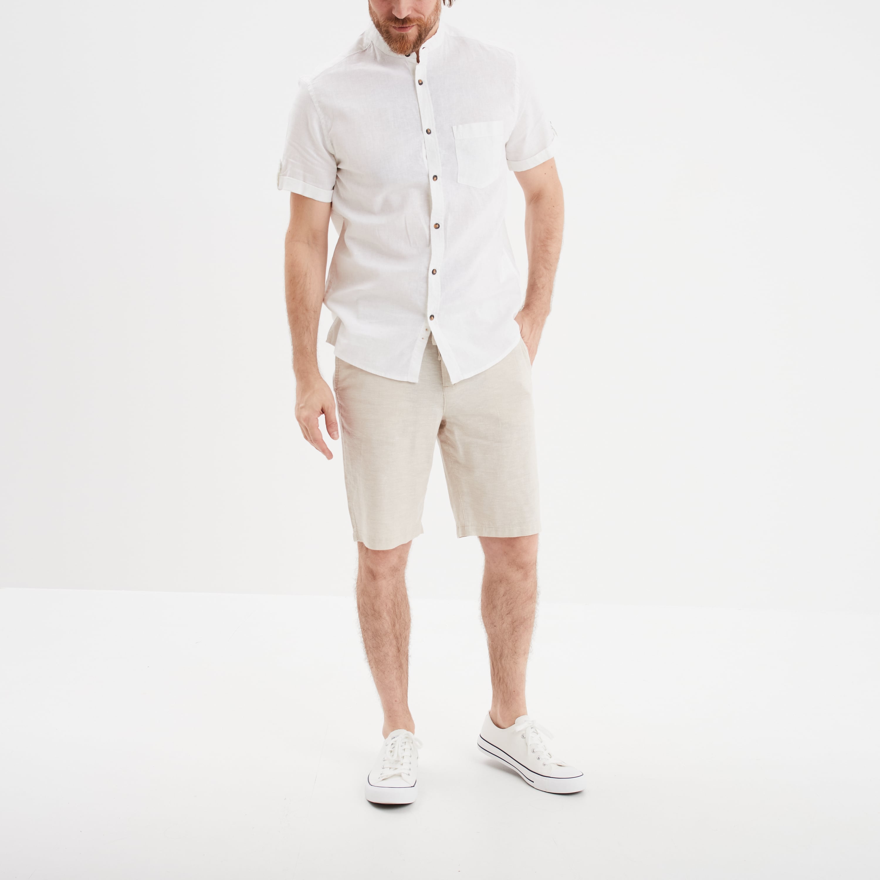 Bermuda chino &agrave; coulisse lin m&eacute;lang&eacute; gris clair homme