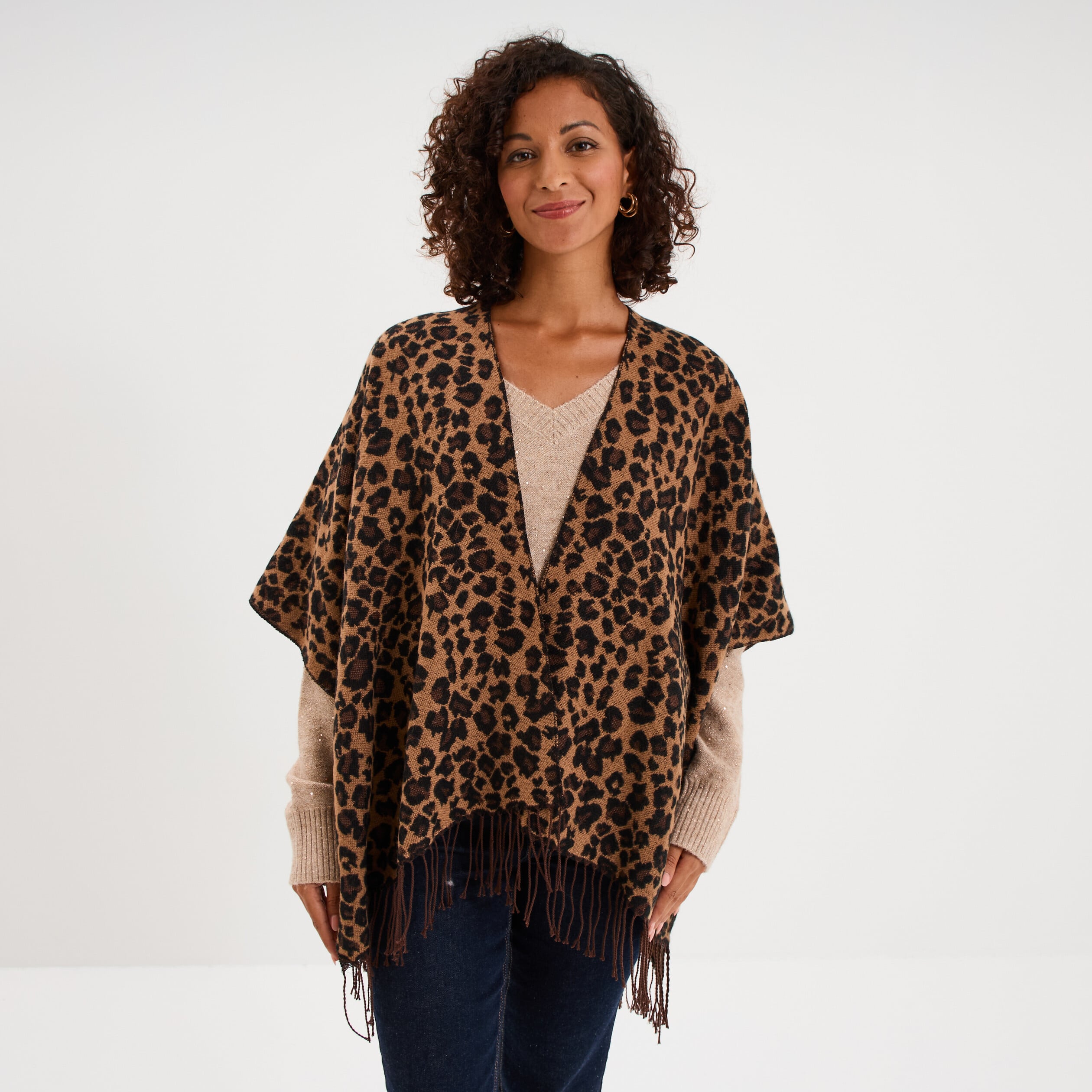 Poncho long &agrave; franges camel femme