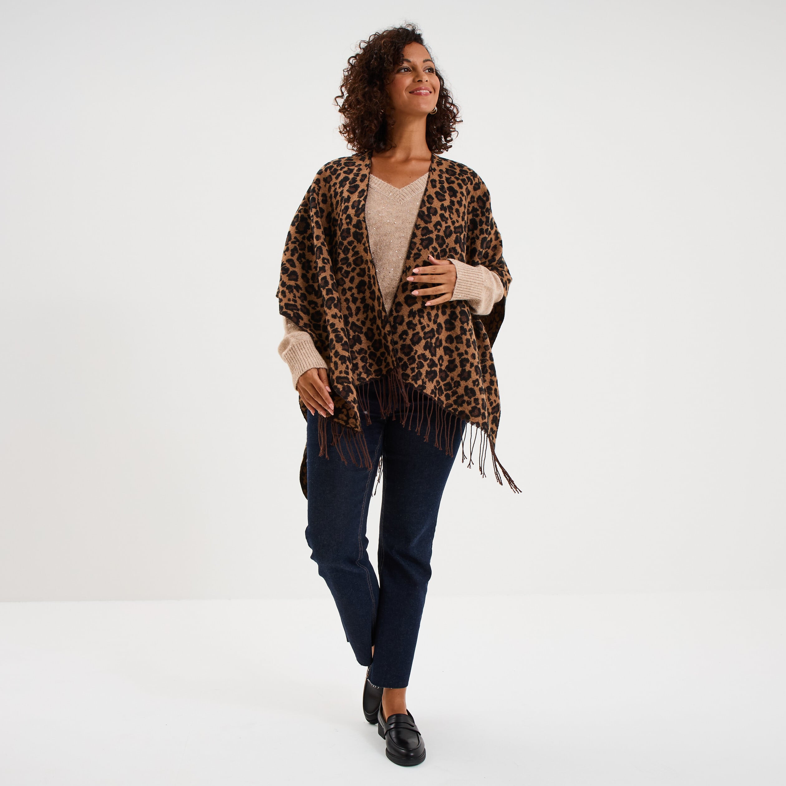 Poncho long &agrave; franges camel femme