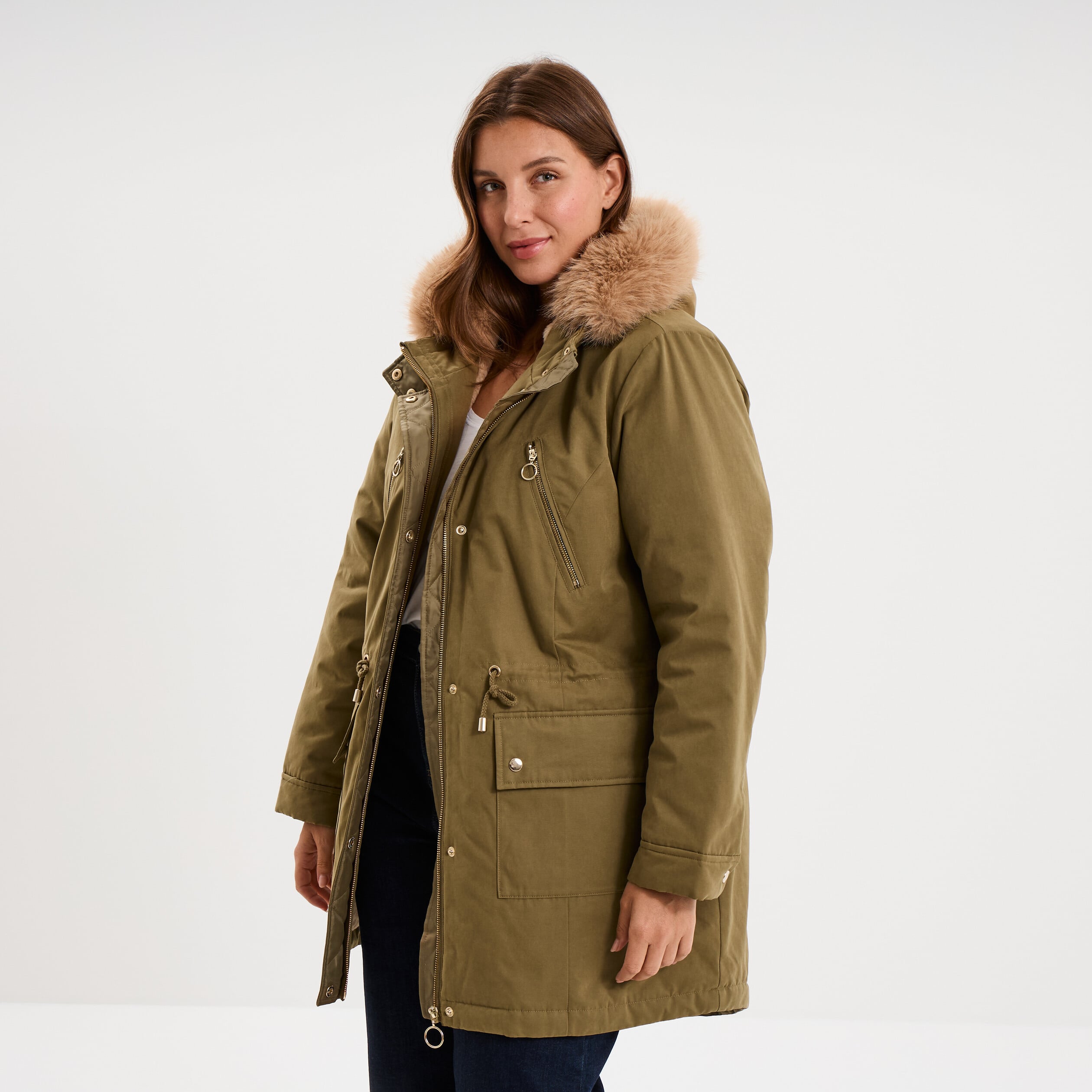 Parka d&eacute;perlante capuche fausse fourrure vert kaki femme grande taille