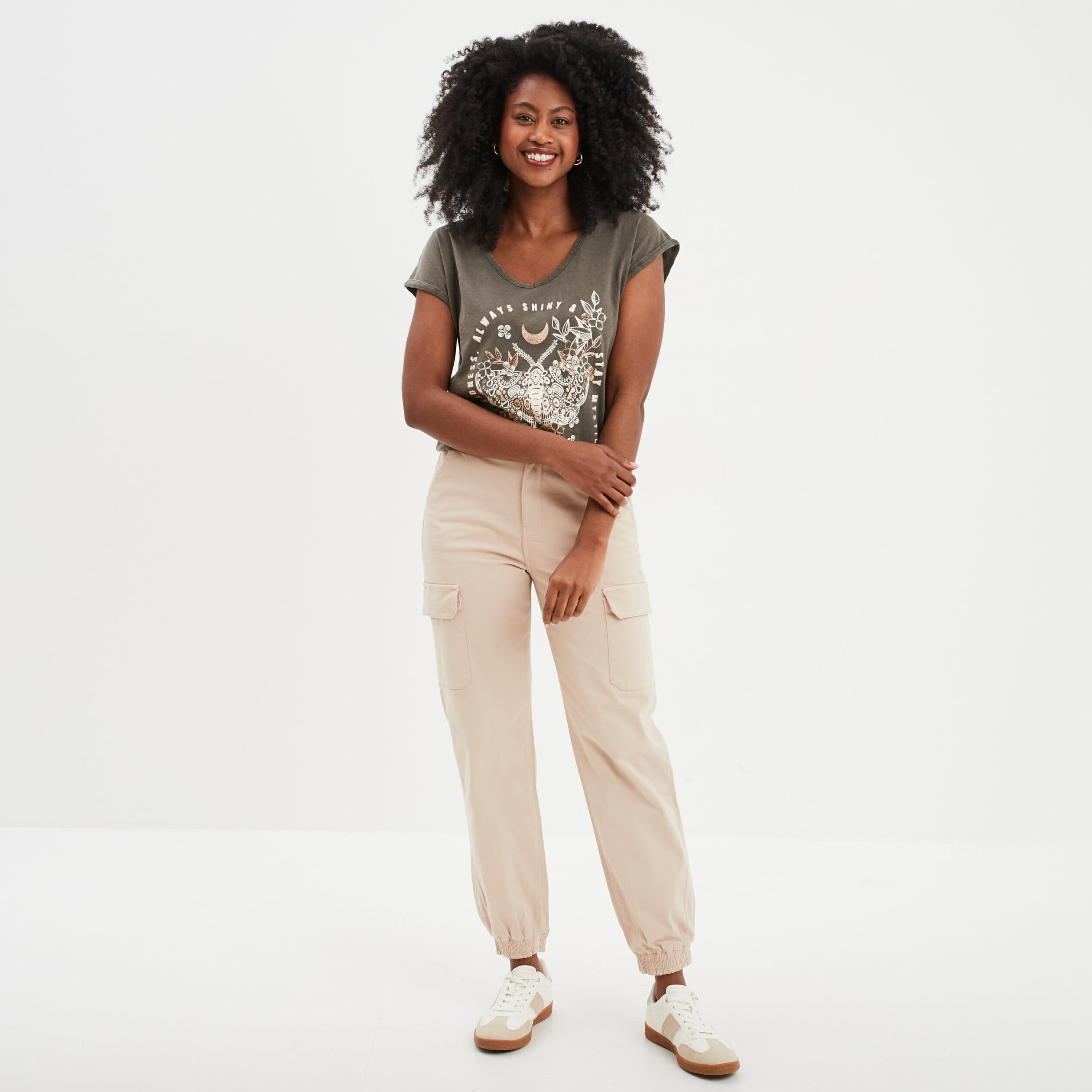 Pantalon cargo taille haute ajustable beige femme