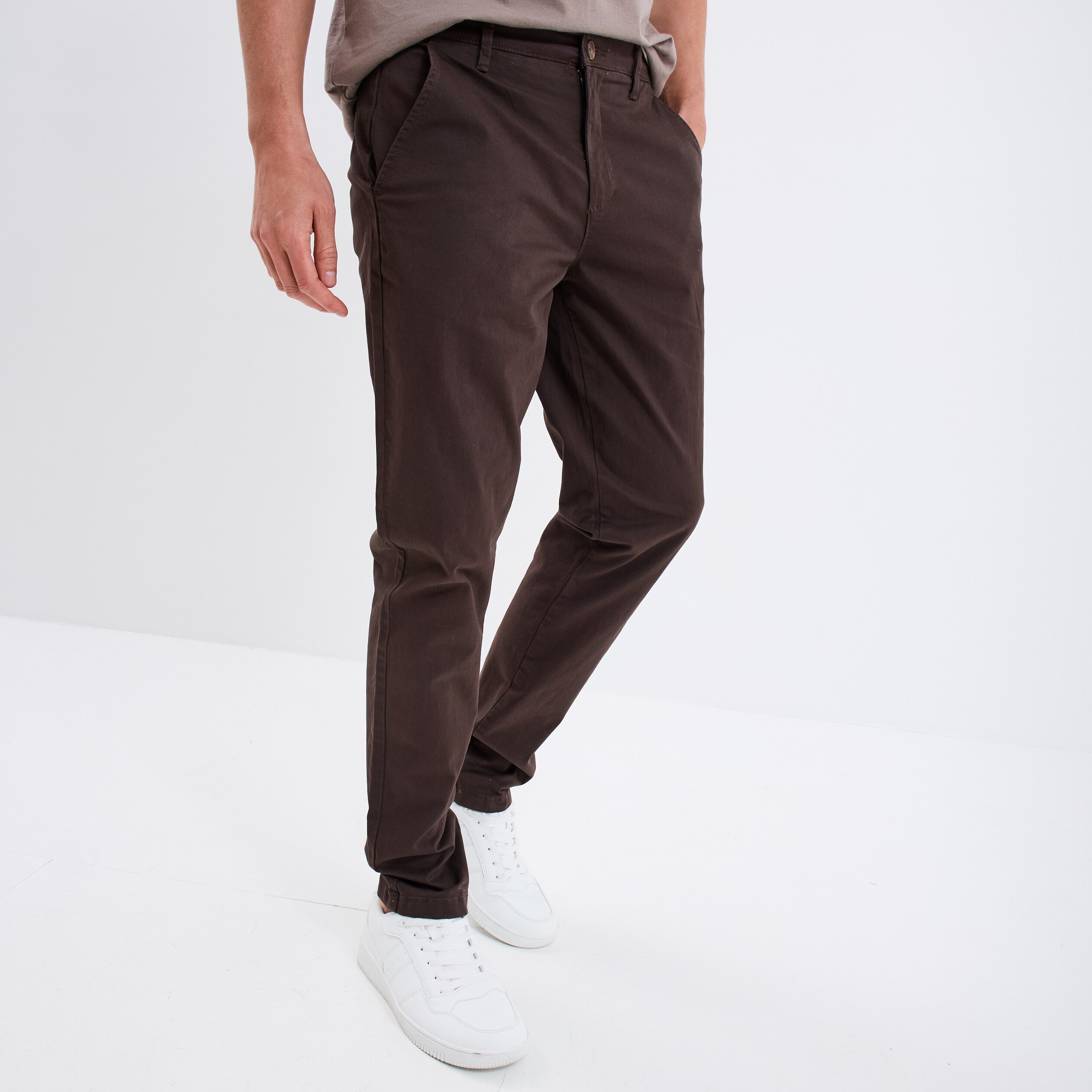 pantalon chino droit stretch marron fonce homme Pantalon chino droit stretch marron foncé homme