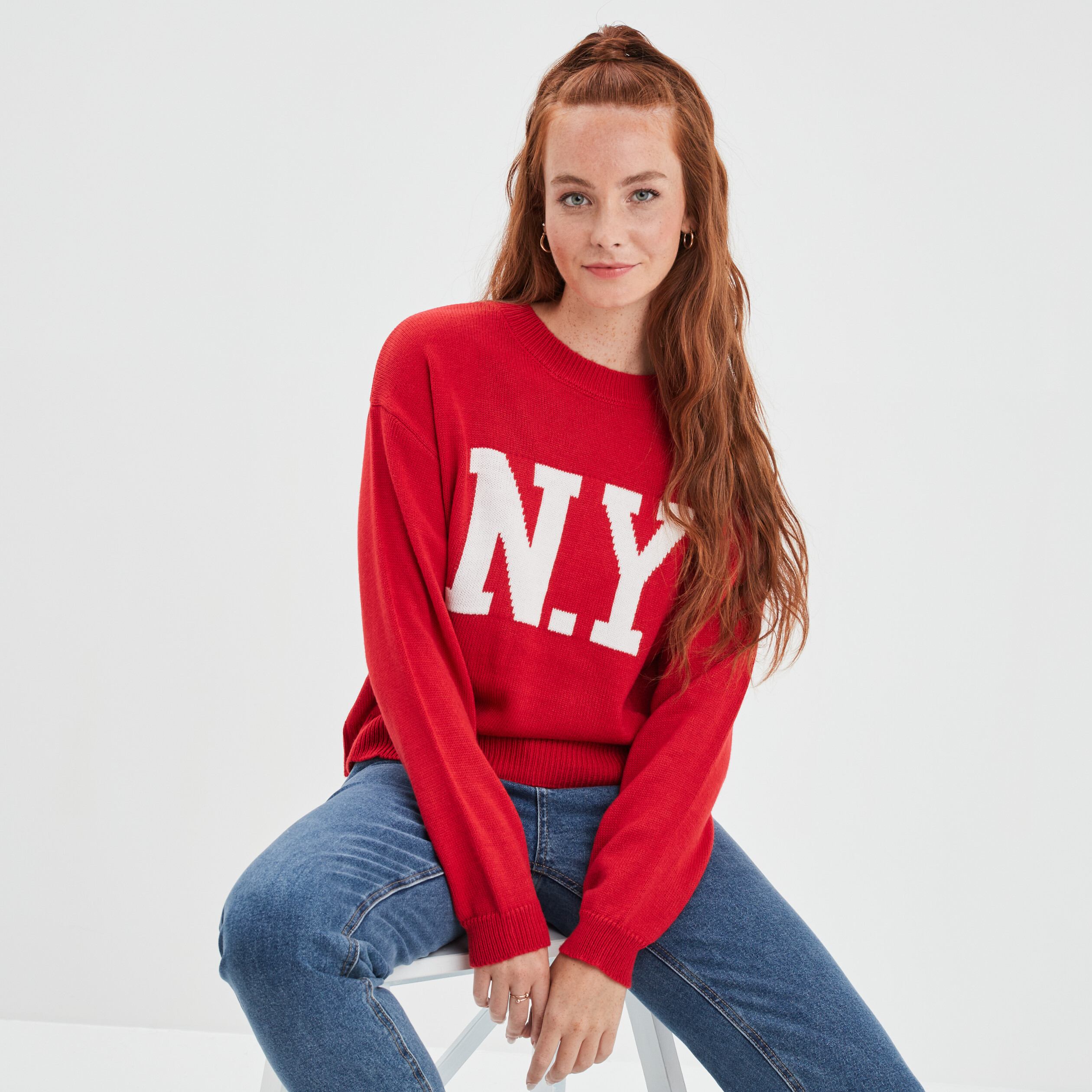 Pull fantaisie reliefée manches longues Femme ROUGE Synthétique