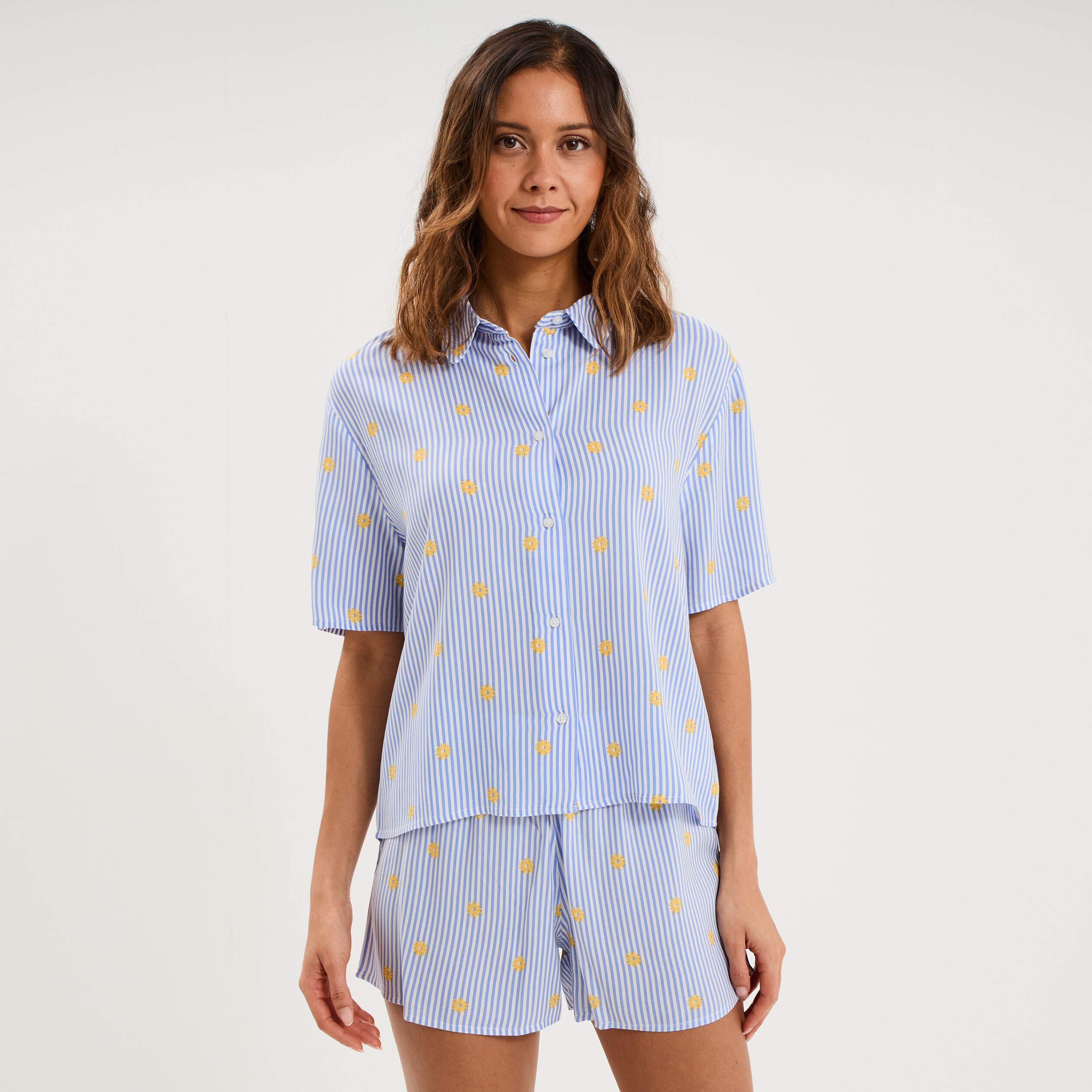 Ensemble pyjama short et chemise ecru femme