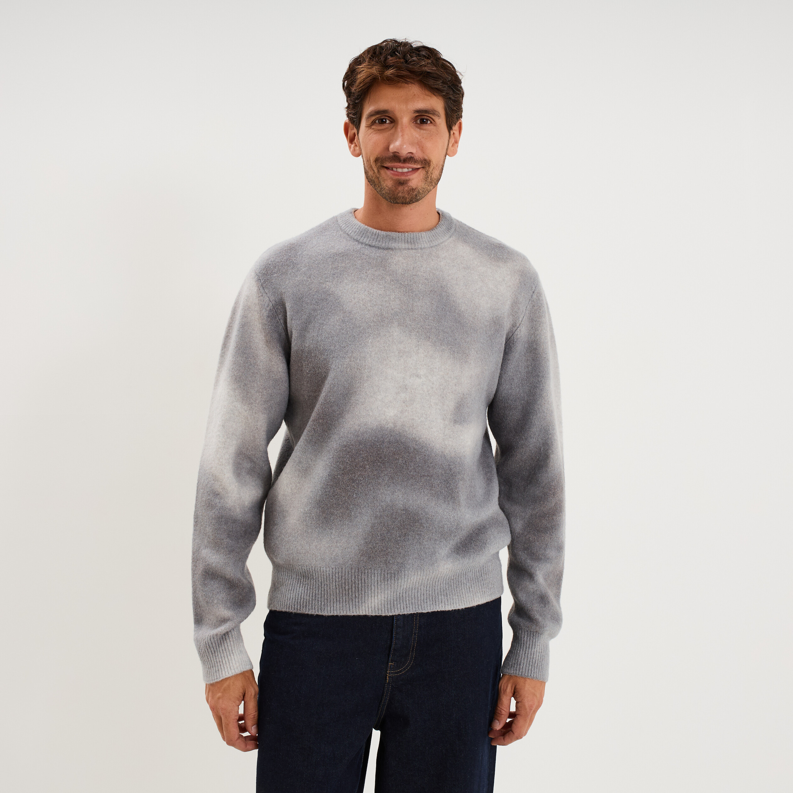 Pull col rond manches longues gris clair homme