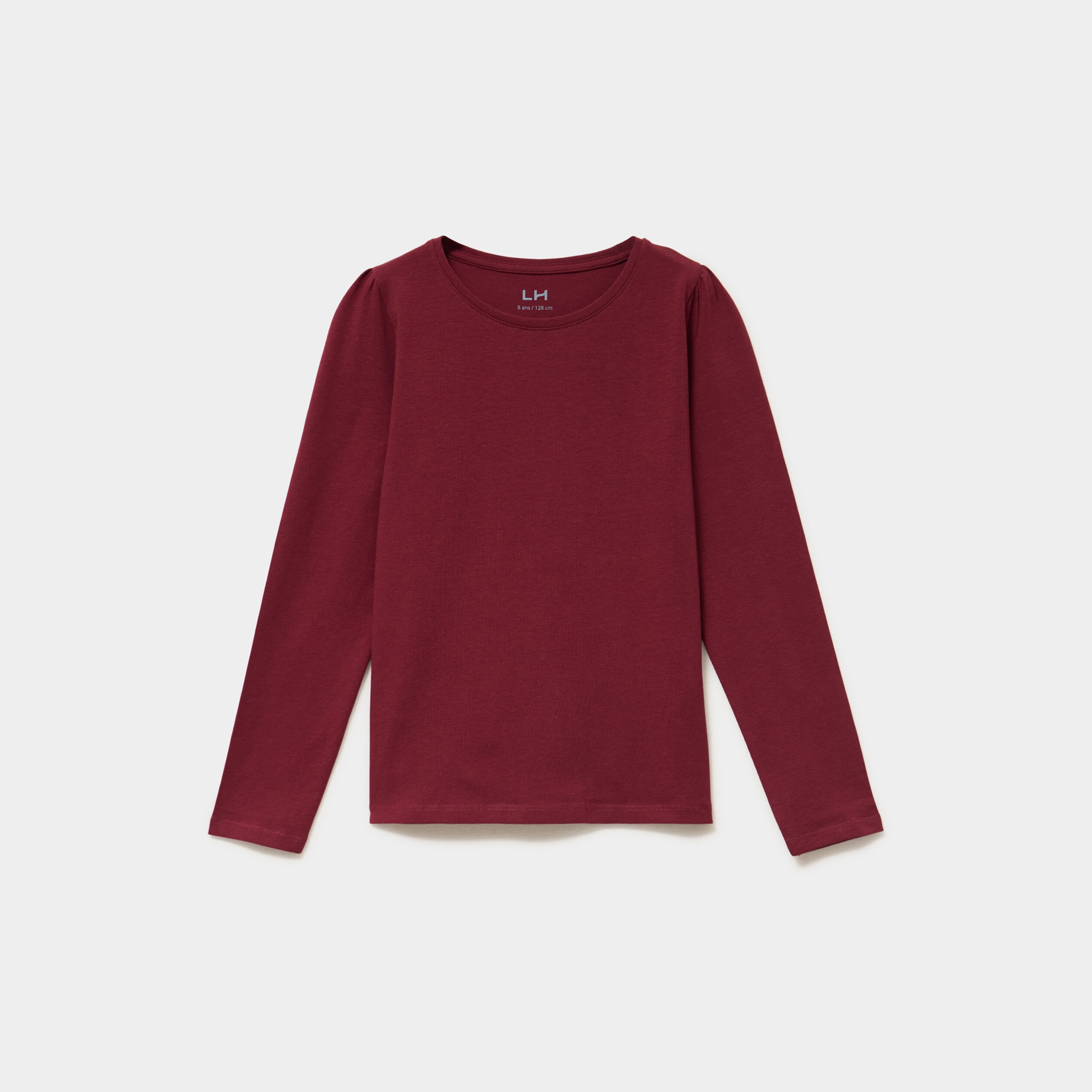 T-shirt coton manches longues &agrave; fronces bordeaux fille