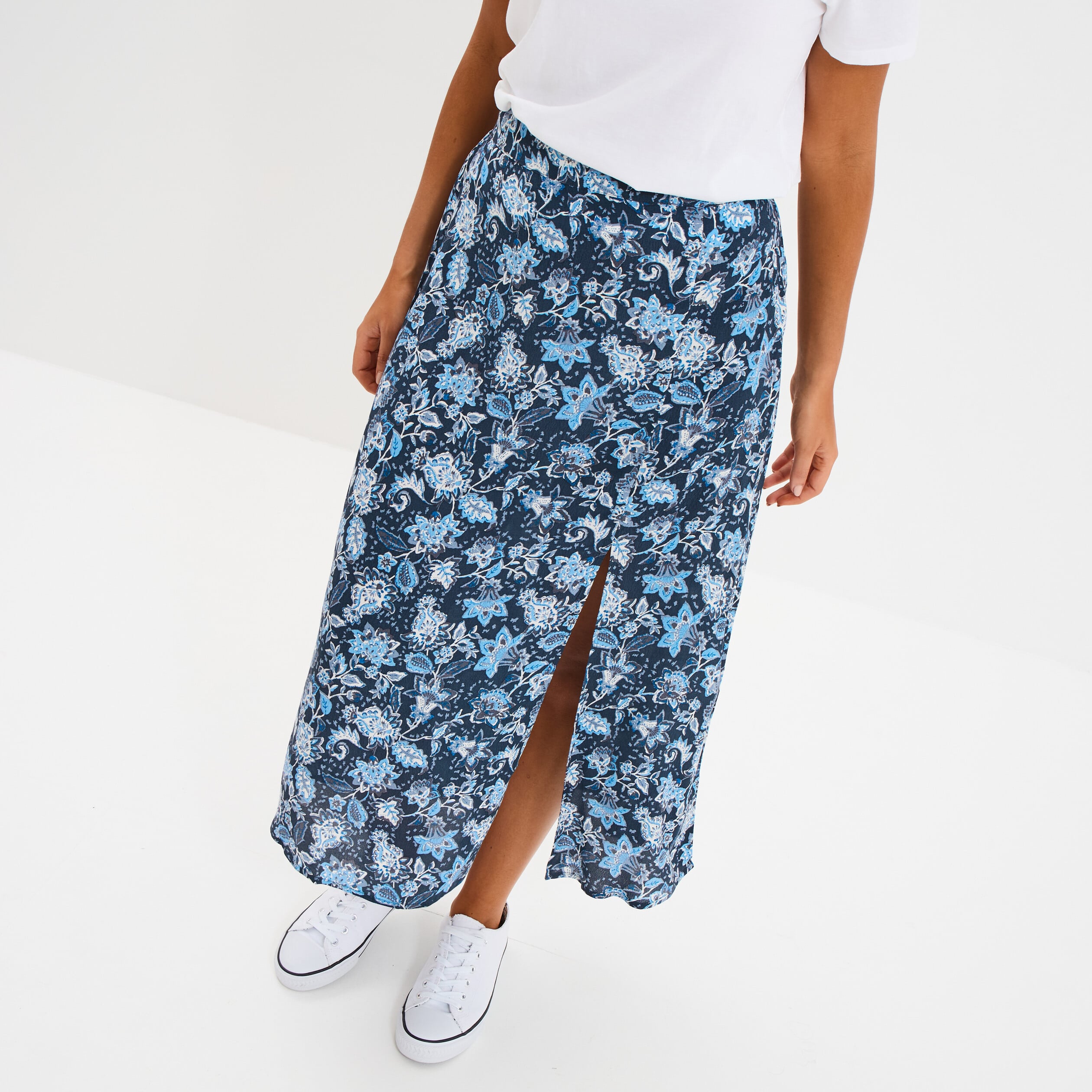 Jupe longue fendue fluide bleu marine femme