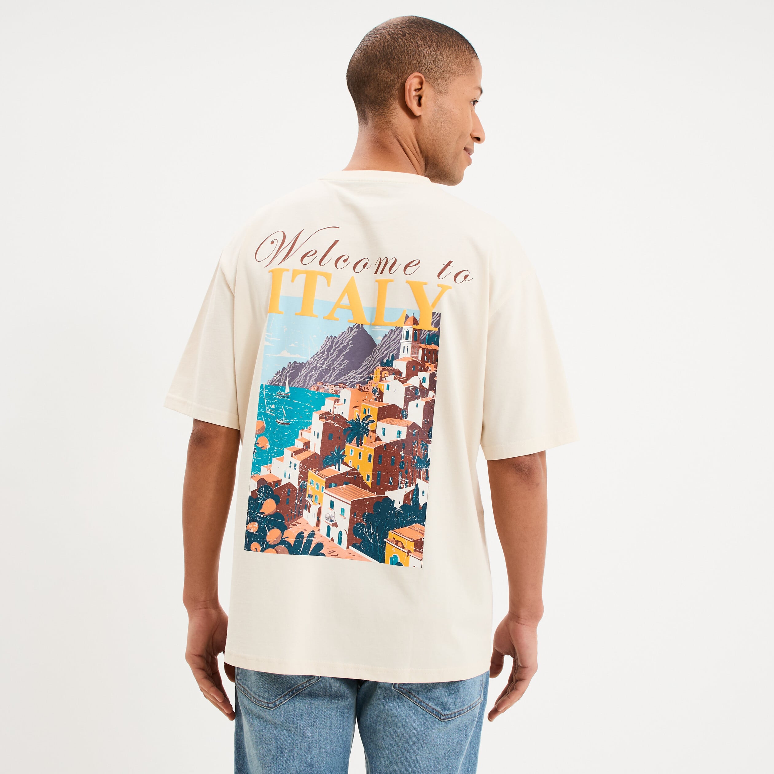 T-shirt col rond relax coton &eacute;pais ecru homme