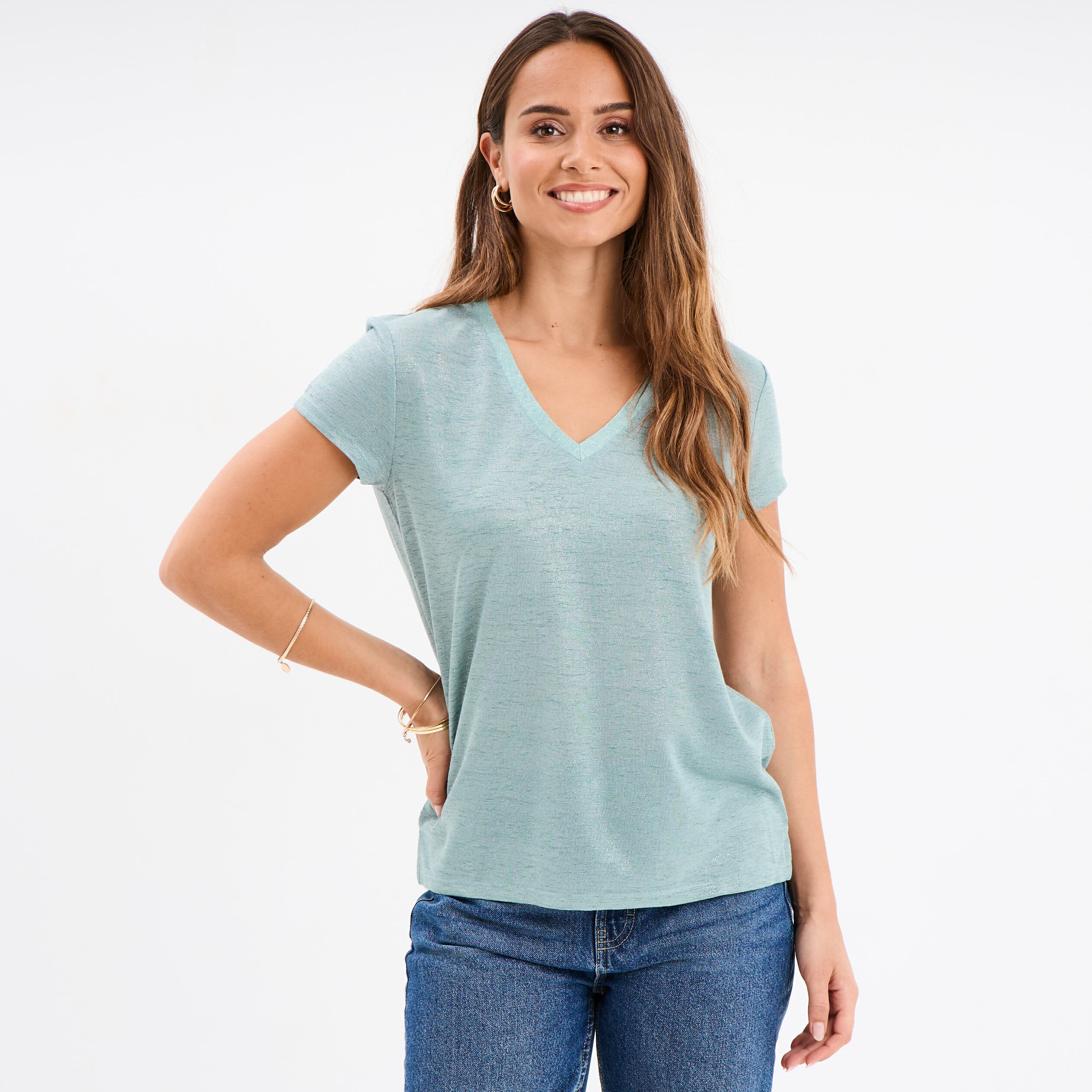 T-shirt col en V manches courtes bleu gris femme