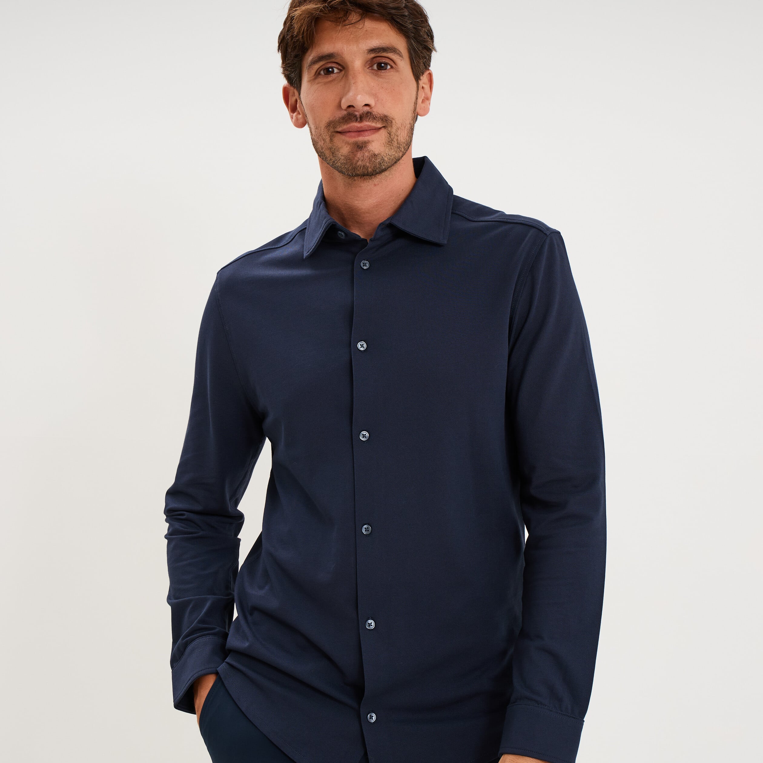 Chemise droite &agrave; manches longues bleu p&eacute;trole homme