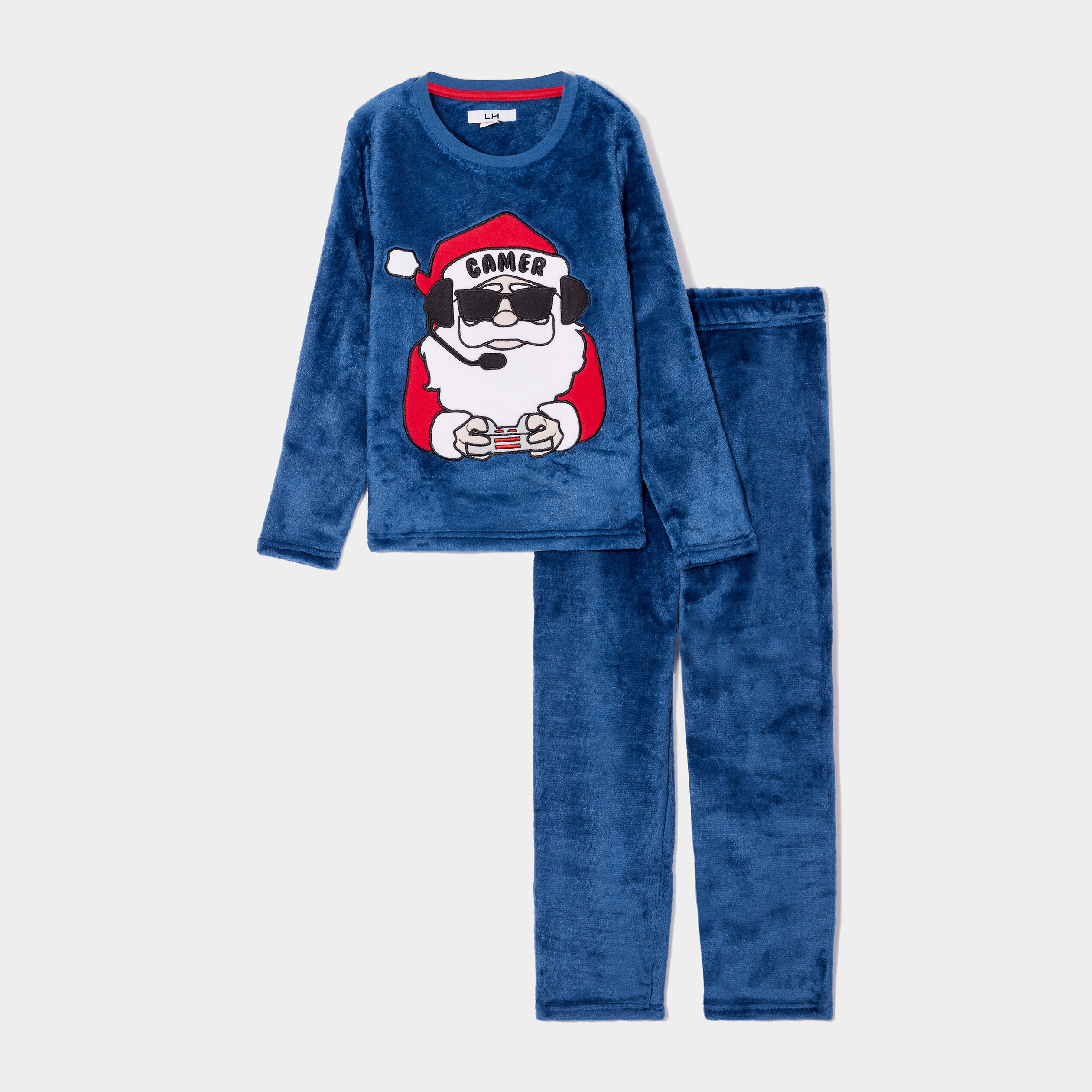 Ensemble pyjama pantalon velours No&euml;l bleu marine gar&ccedil;on