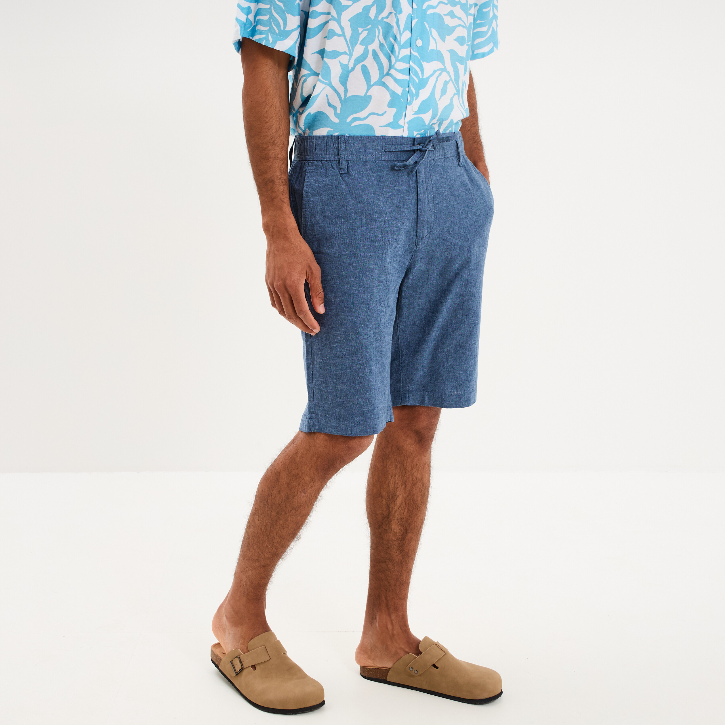 Bermuda chino &agrave; coulisse lin m&eacute;lang&eacute; bleu homme