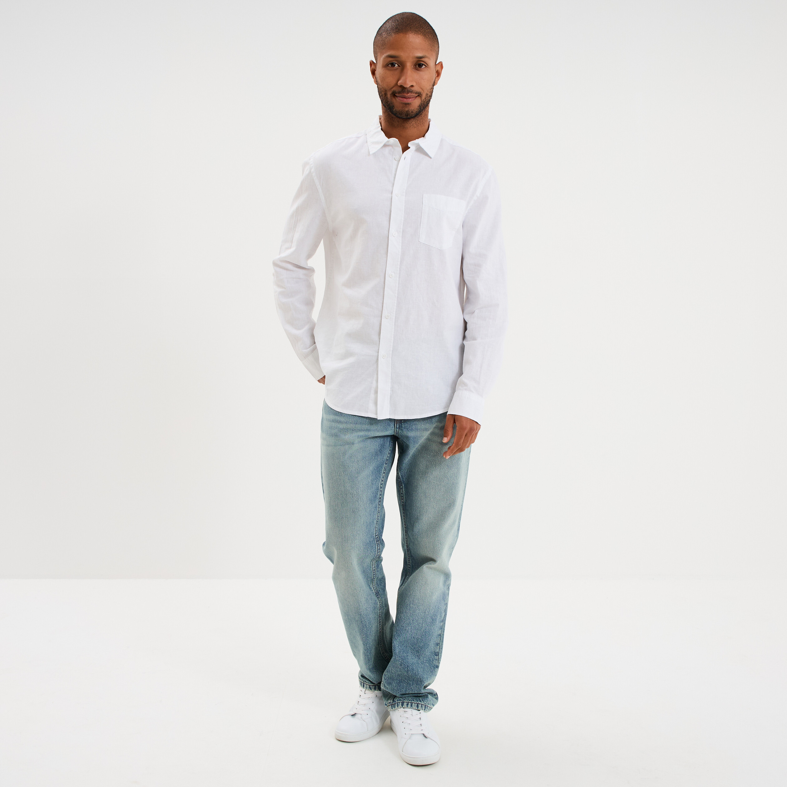 Chemise manches longues lin m&eacute;lang&eacute; blanc homme