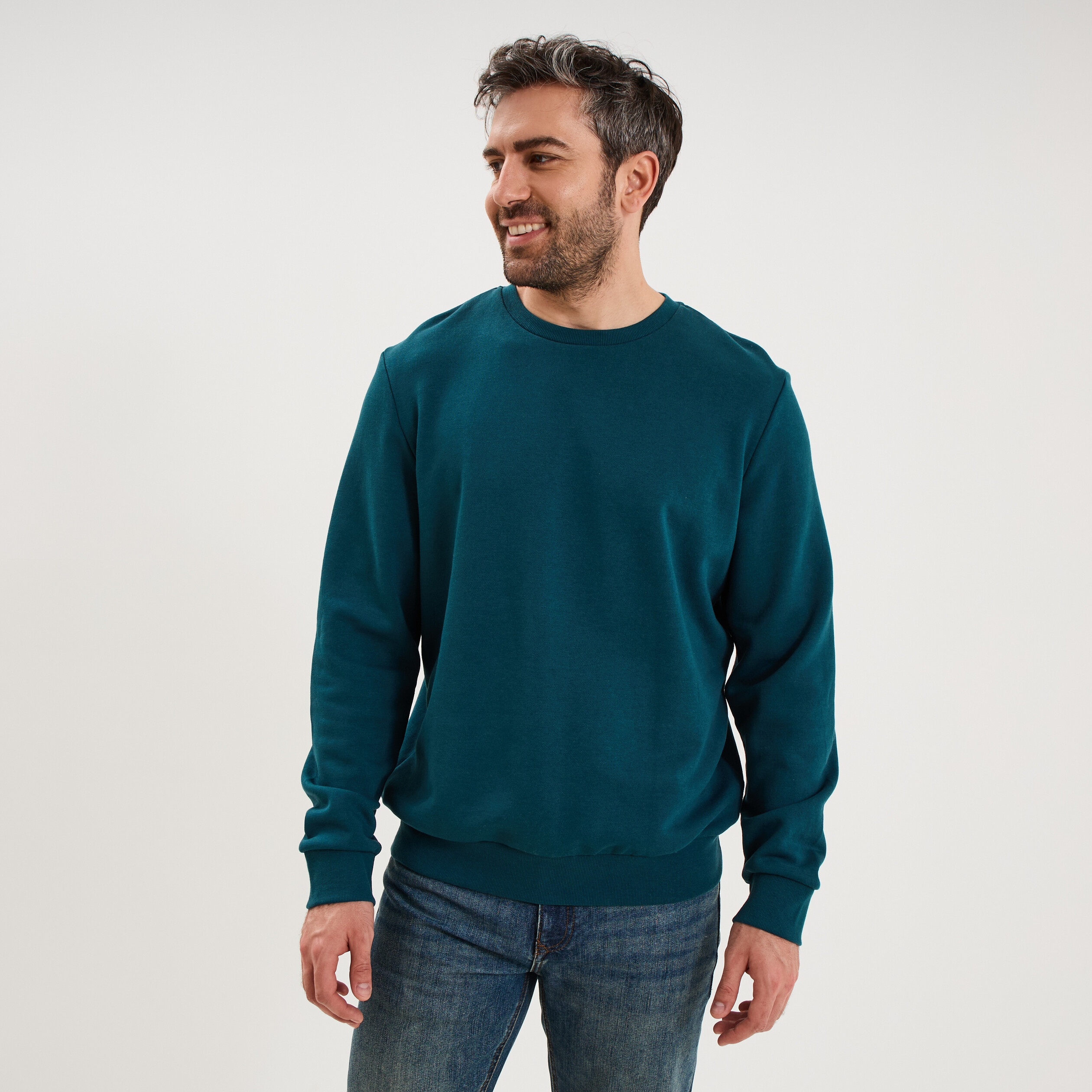 Sweat molleton col rond bleu canard homme