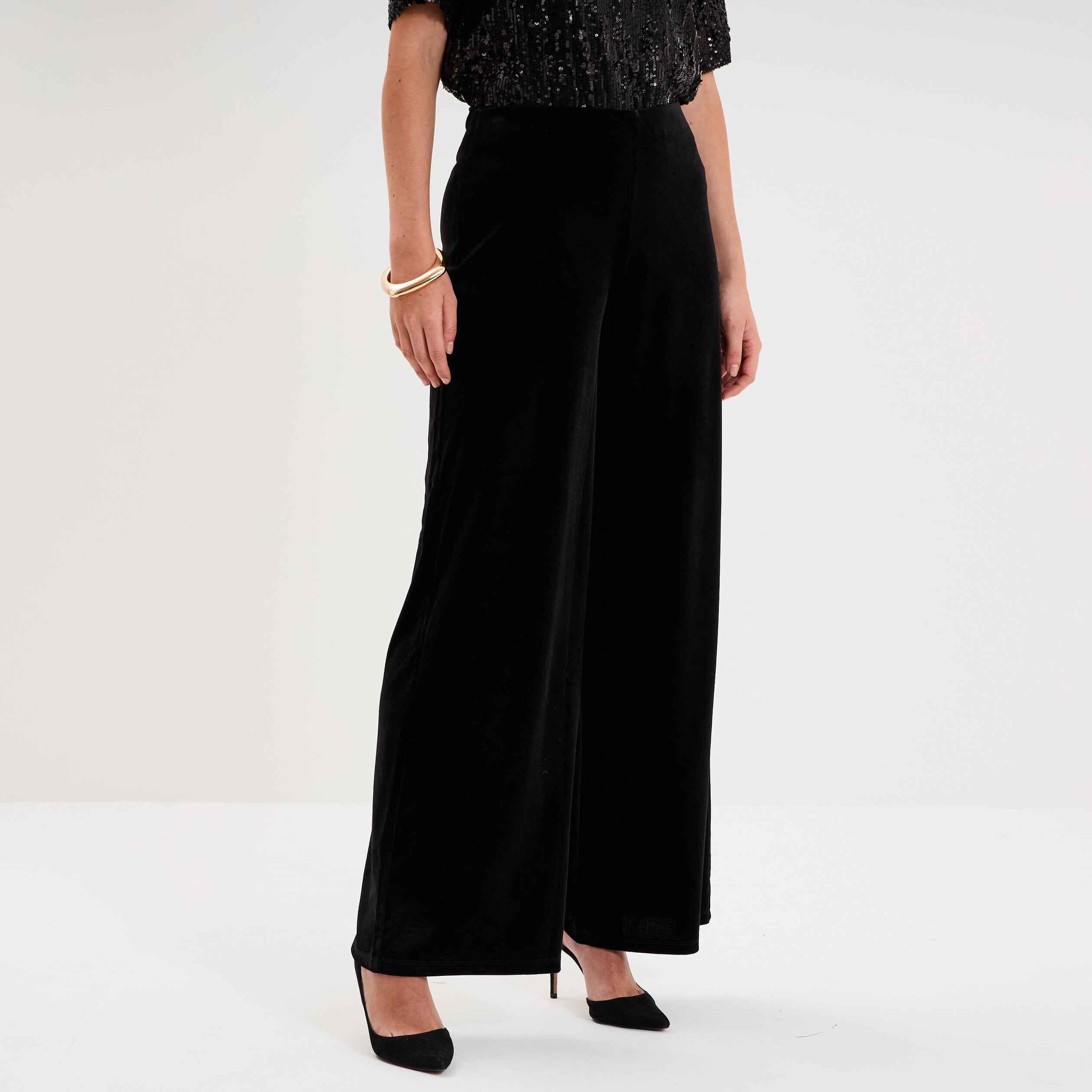 Pantalon large en velours taille haute noir femme