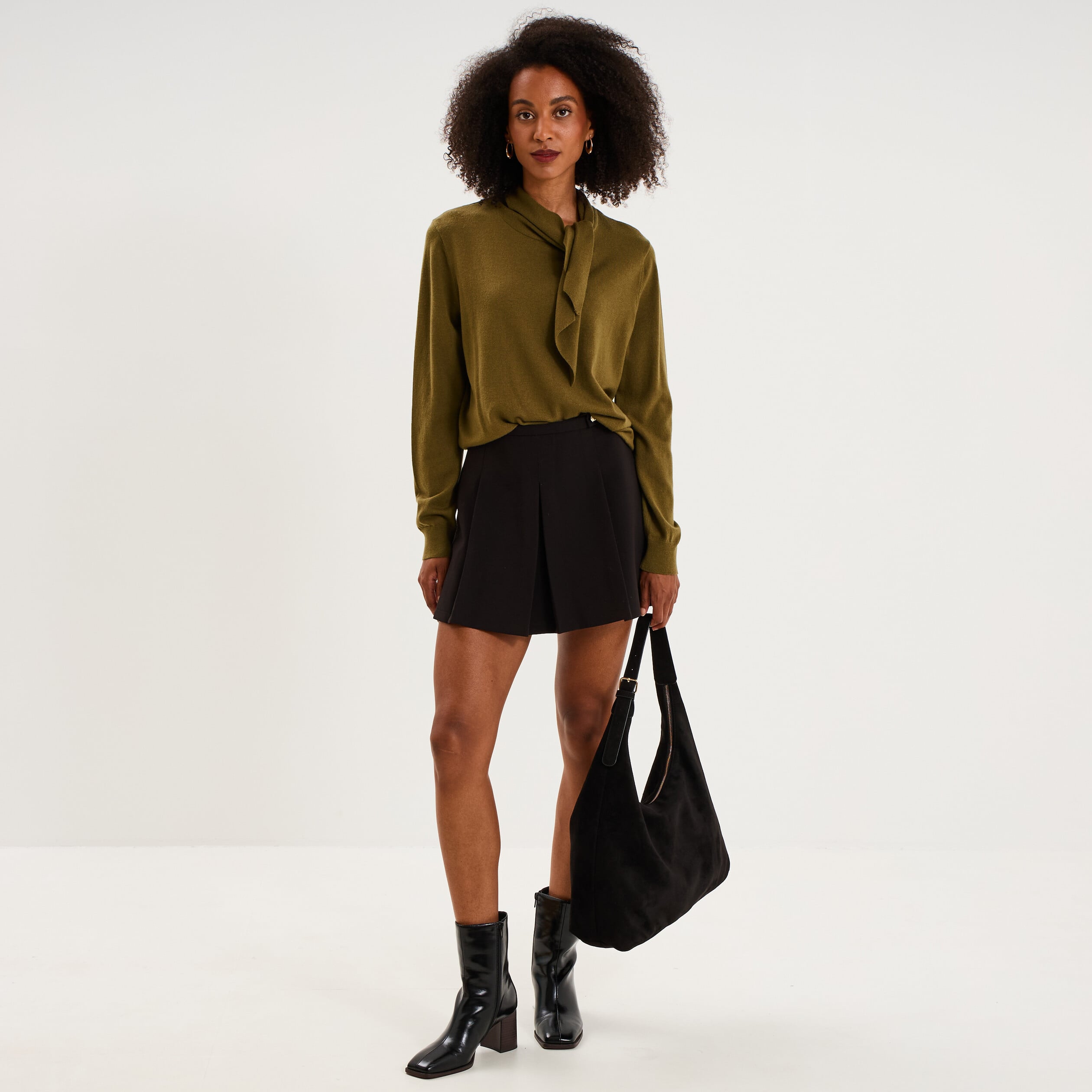 Pull fin col &eacute;charpe manches longues vert kaki femme