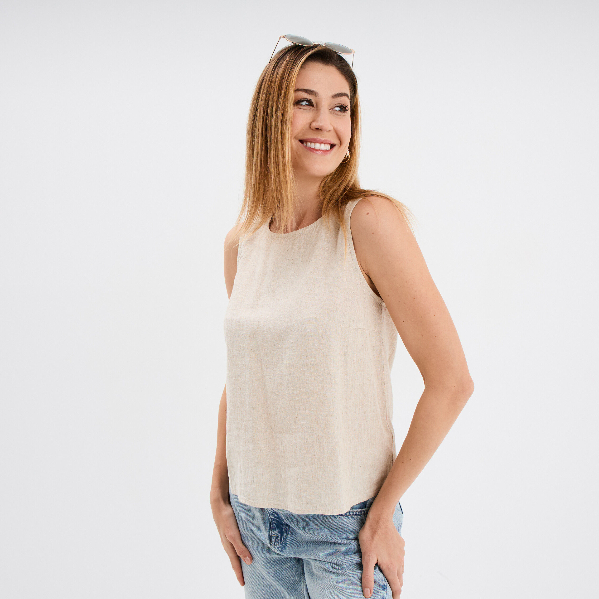 Blouse sans manches lin mélangé beige femme
