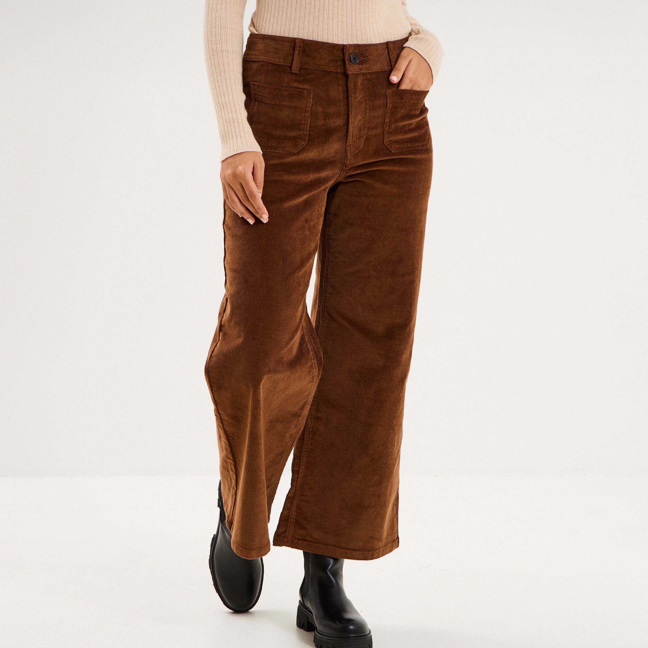 Pantalon effet velours flare 7/8&egrave;me marron femme