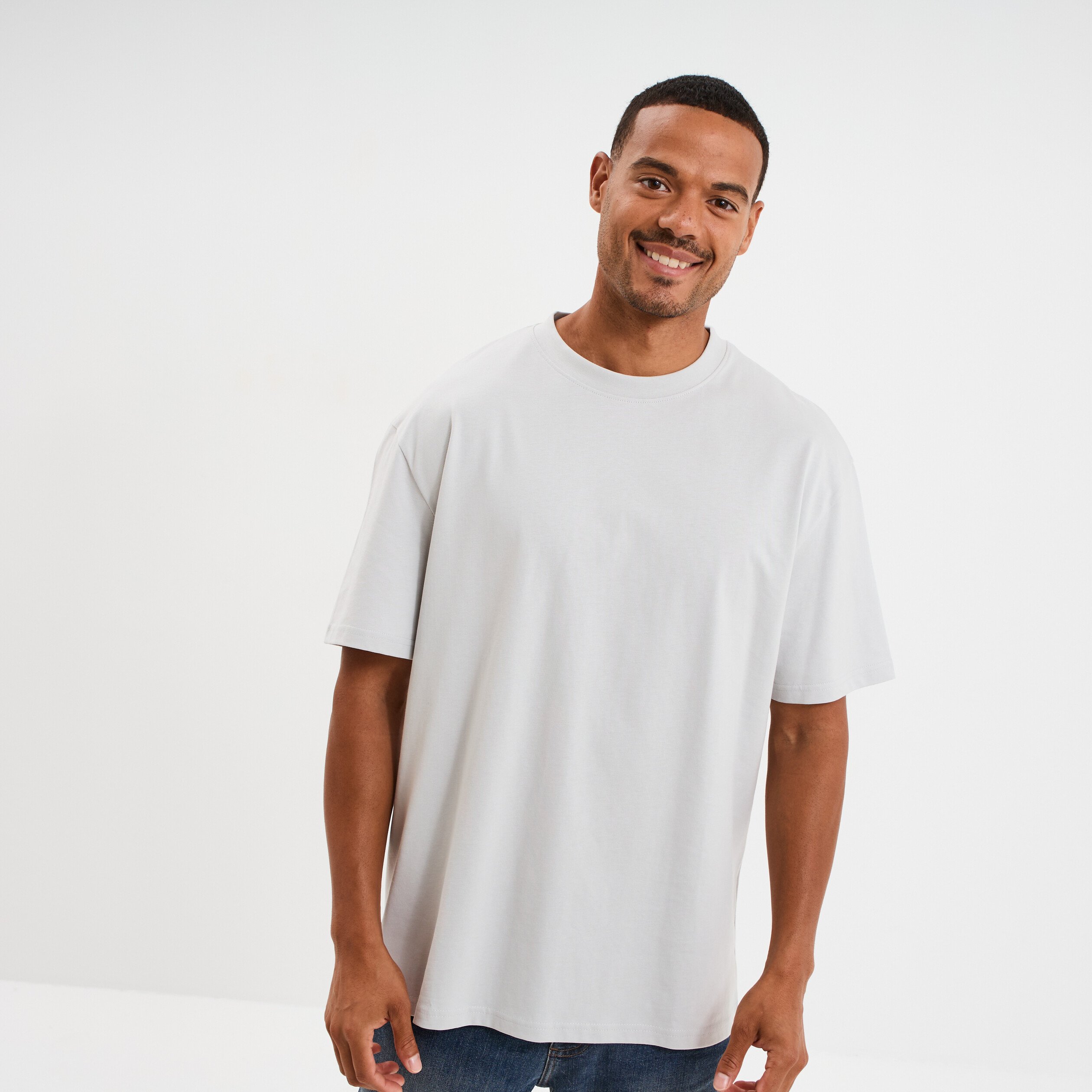 t shirt col rond manches courtes coton gris clair homme T-shirt col rond manches courtes coton gris clair homme