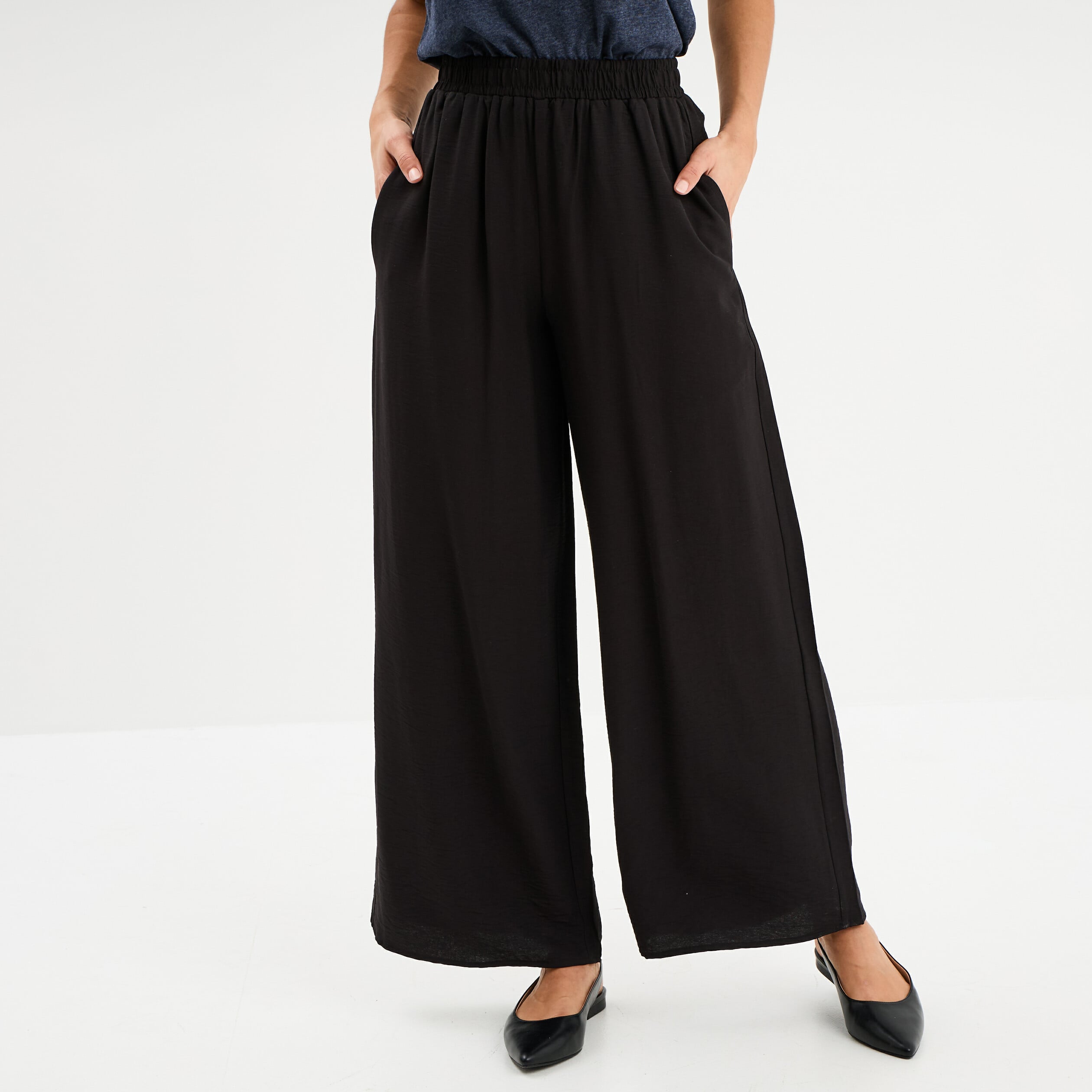 Pantalon large fluide taille &eacute;lastiqu&eacute;e noir femme