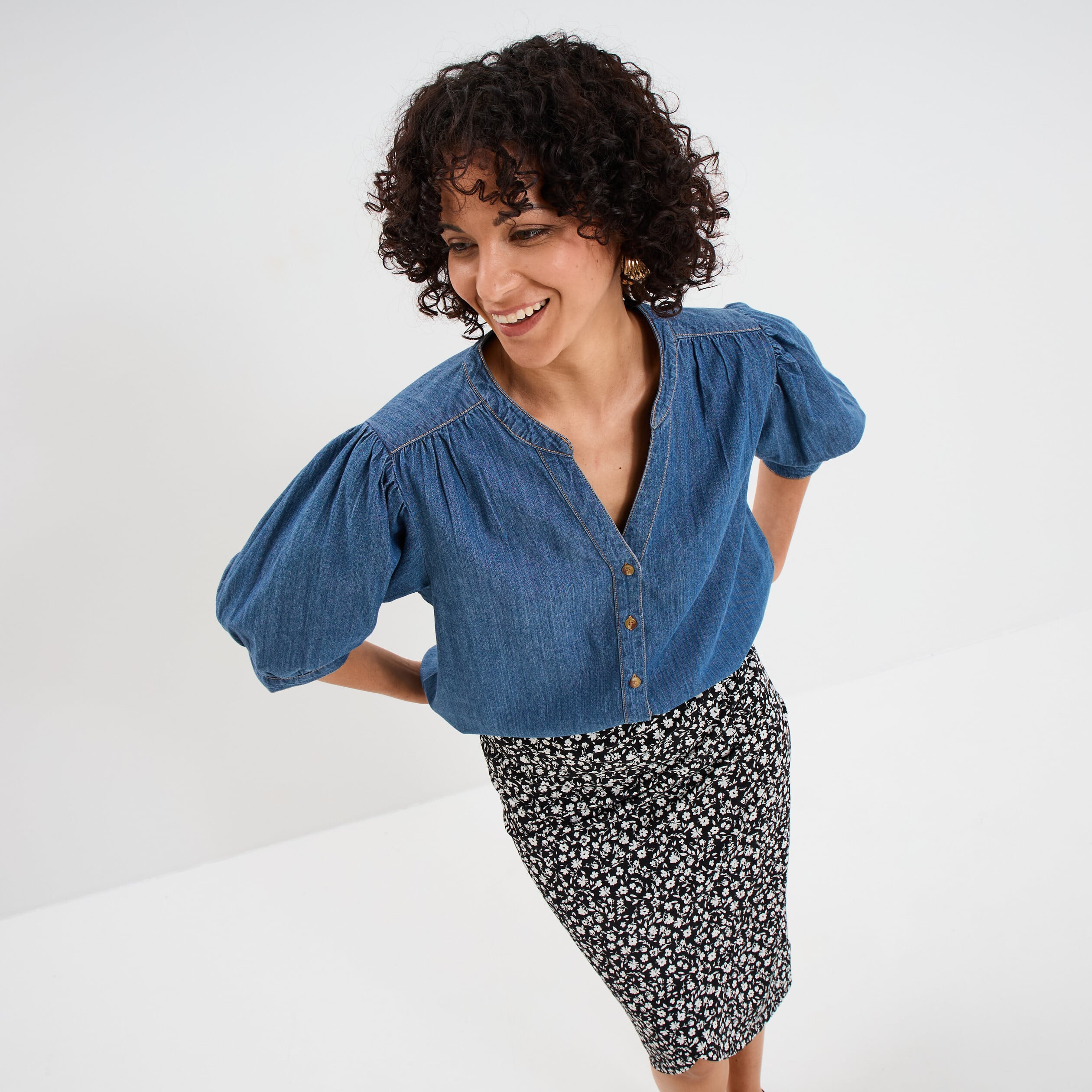 Blouse manches ballons en jean coton denim stone femme